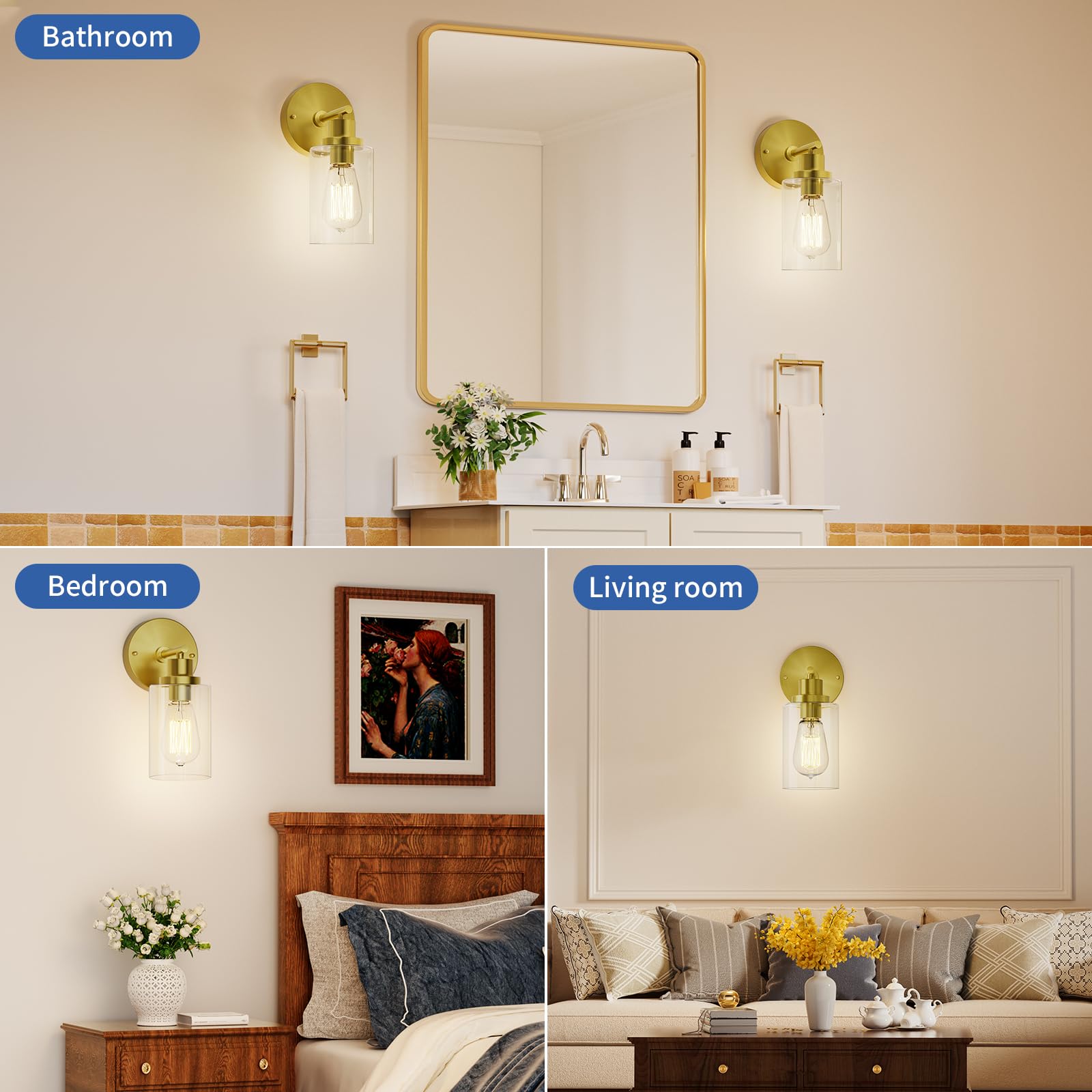 GORDNWE 1-Light Bathroom Wall Sconce, Brushed Gold, Metal, Clear Glass Shade, E26 Bulb Base, Model J0018