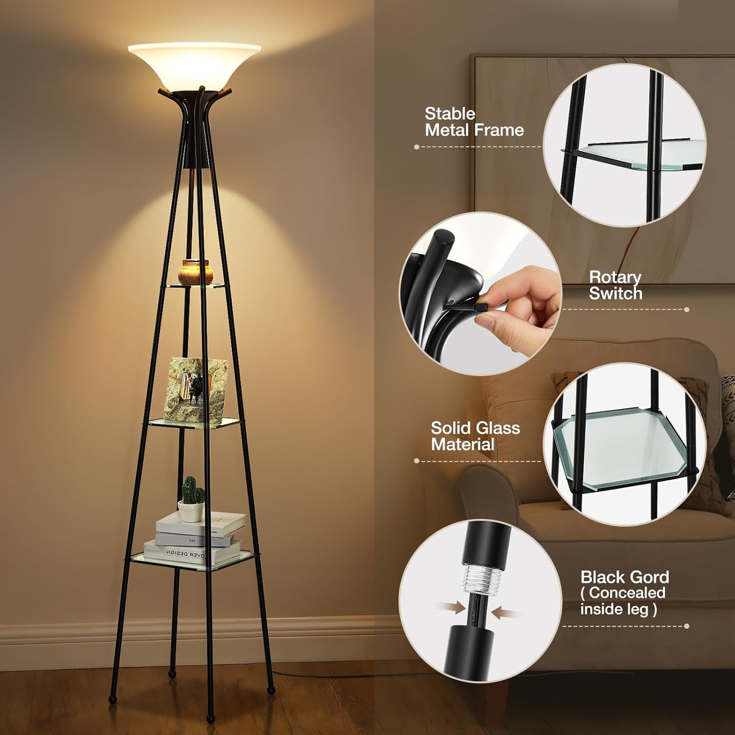 Floor Lamp With Shelves, 69    Tall Shelf Lamp With Remote Control, 3-Tier Glass Shelf Lamp, Dimmable Industrial Floor Lamps For