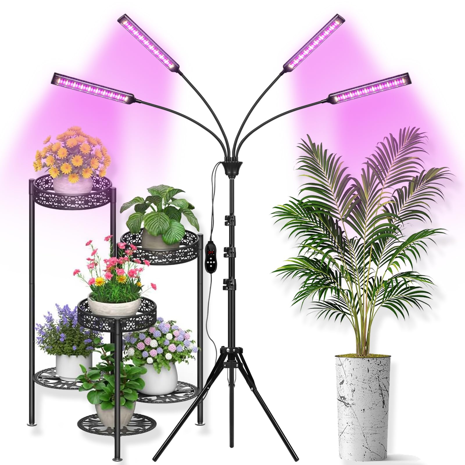Yehsence Grow Lights for Indoor Plants 4 Heads, Full Spectrum Plant Lights for Indoor Growing with Tripod Stand, Auto On/Off Tim