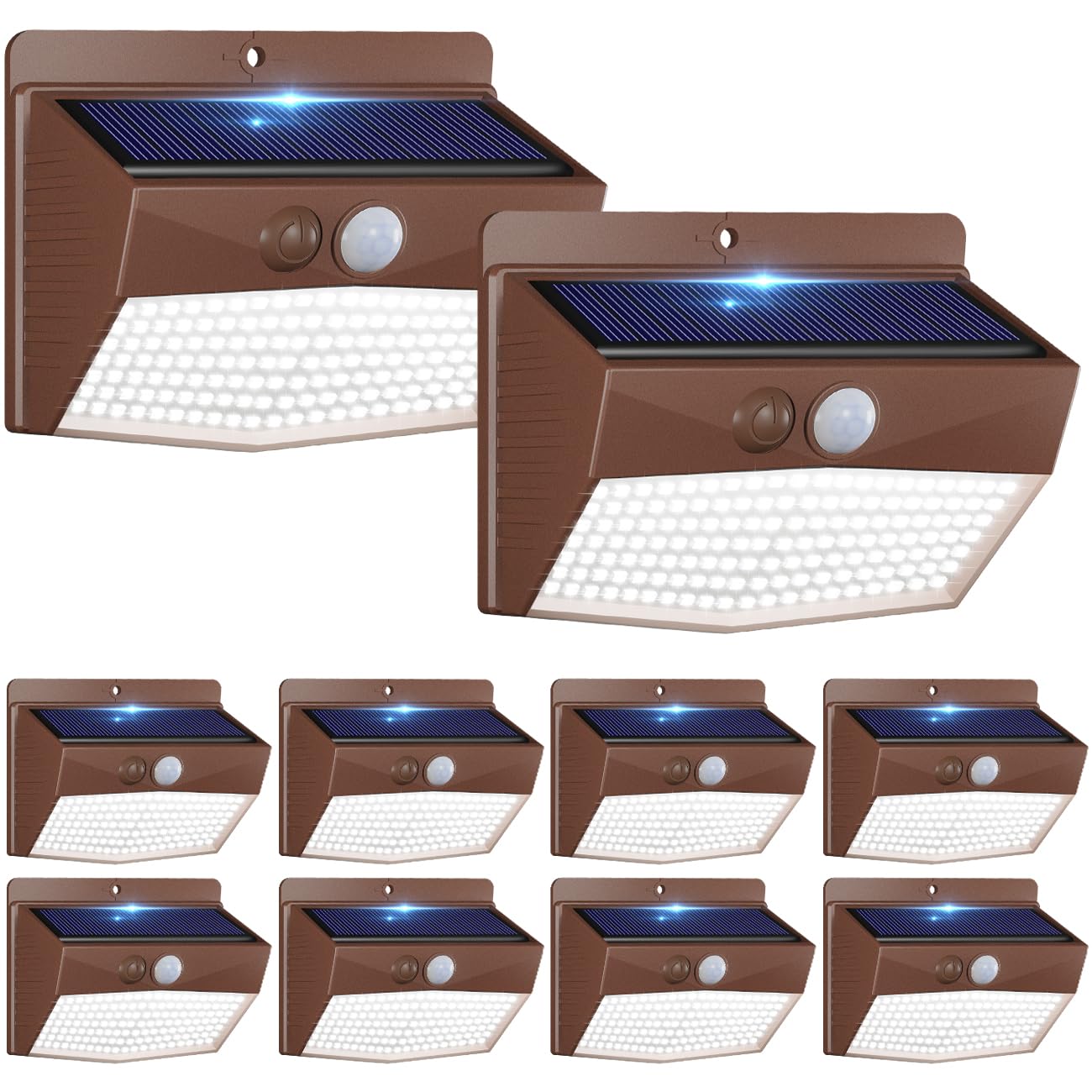 Peasur Solar Lights Outdoor Motion Sensor [10 Packs] Security Light with 3 Lighting Modes Wall Lights Waterproof Solar Powered Lights for Garden Fence Yard  Brown