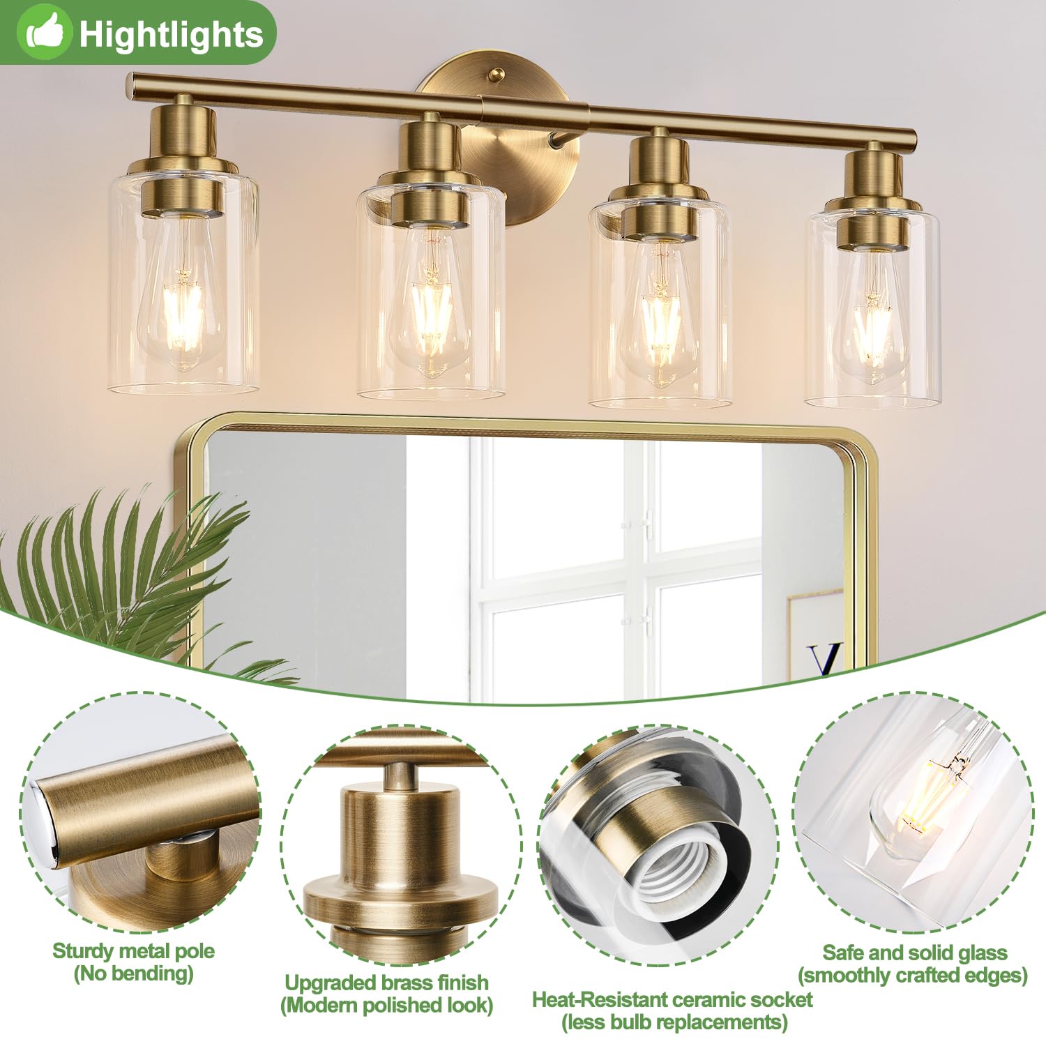 Zarbitta 4-Light Bathroom Light Fixtures, Brushed Brass Vanity Lights with Cyan Glass Shades, Model OMTYX-016
