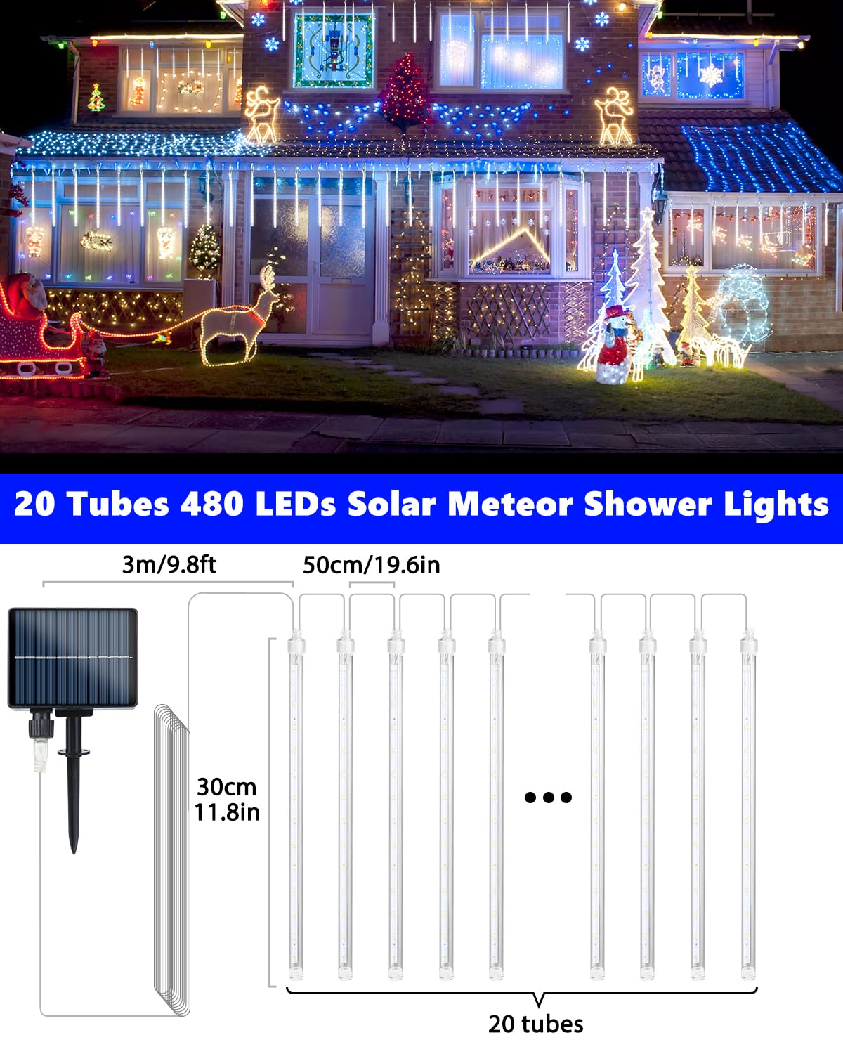 Flacchi Solar Meteor Shower Icicle Lights - 20 Tubes 480 LED, Waterproof Christmas Decorations, Cool White, Model YZ69SS002