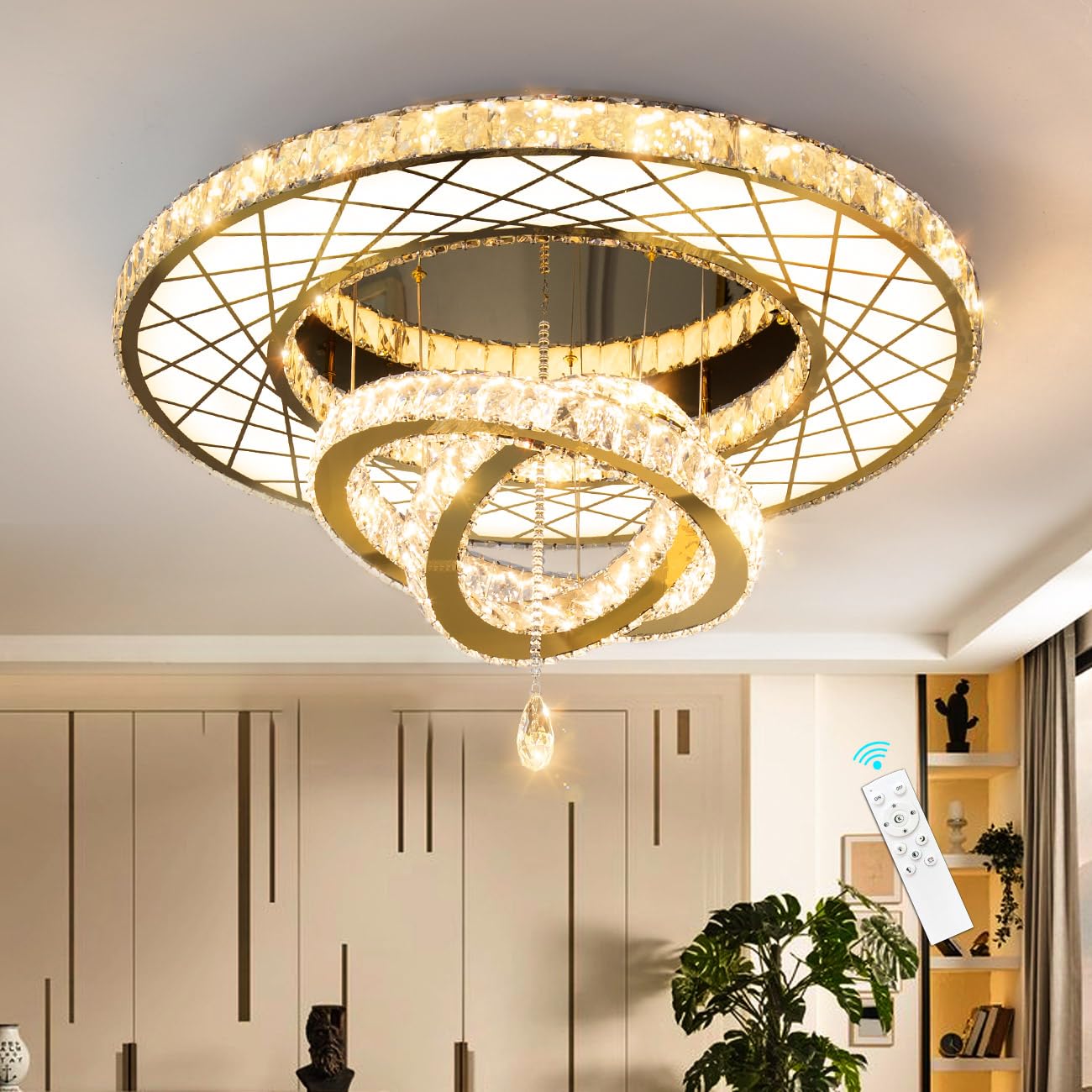 HAIXIANG 40 Inch LED Chandelier, Remote Dimmable Ceiling Light Fixture, Gold, Flush Mount, Compatible with Sloped Ceilings, Model MMQ3831-100