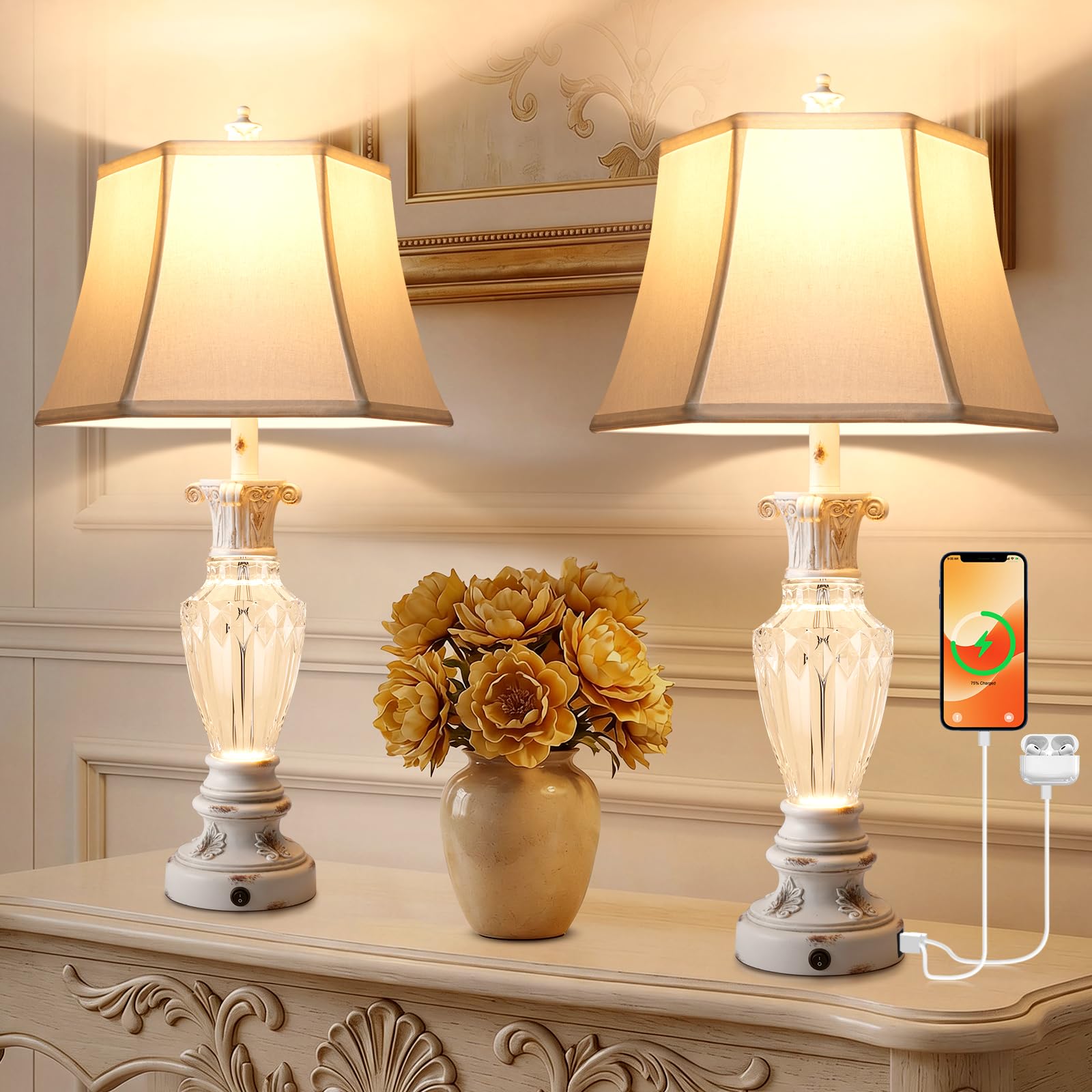 28.5 Table Lamps Set of 2  Nightstand Lamps with USB Ports  Farmhouse Lamps for Living Room Bedroom  3-Color Temperatures Bedside Lamp  Vintage Resin White lamp with Nightlight  Bulbs Included