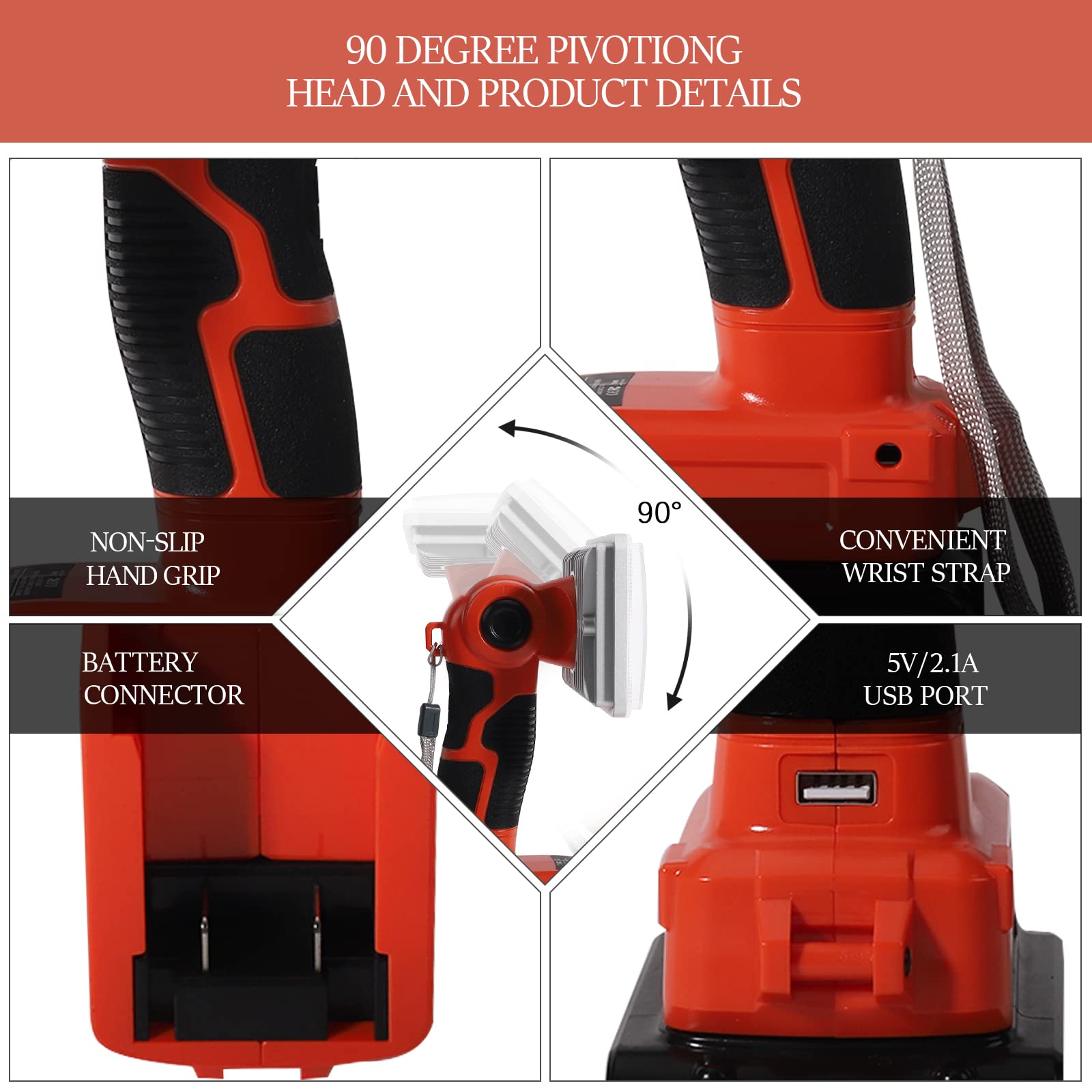 YEX-BUR 20V LED Work Light - 18W 2000LM Portable Spotlight, USB-A Port, Orange, Ideal for Camping, Car Repair, Garage Use