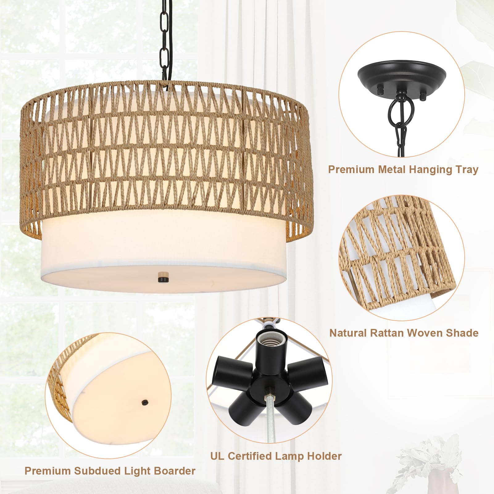 PAUFUL 5-Light Rattan Boho Chandelier - Hand Woven Fabric Shade, Rustic Dining Room Light Fixture for Kitchen, Bedroom, Hallway