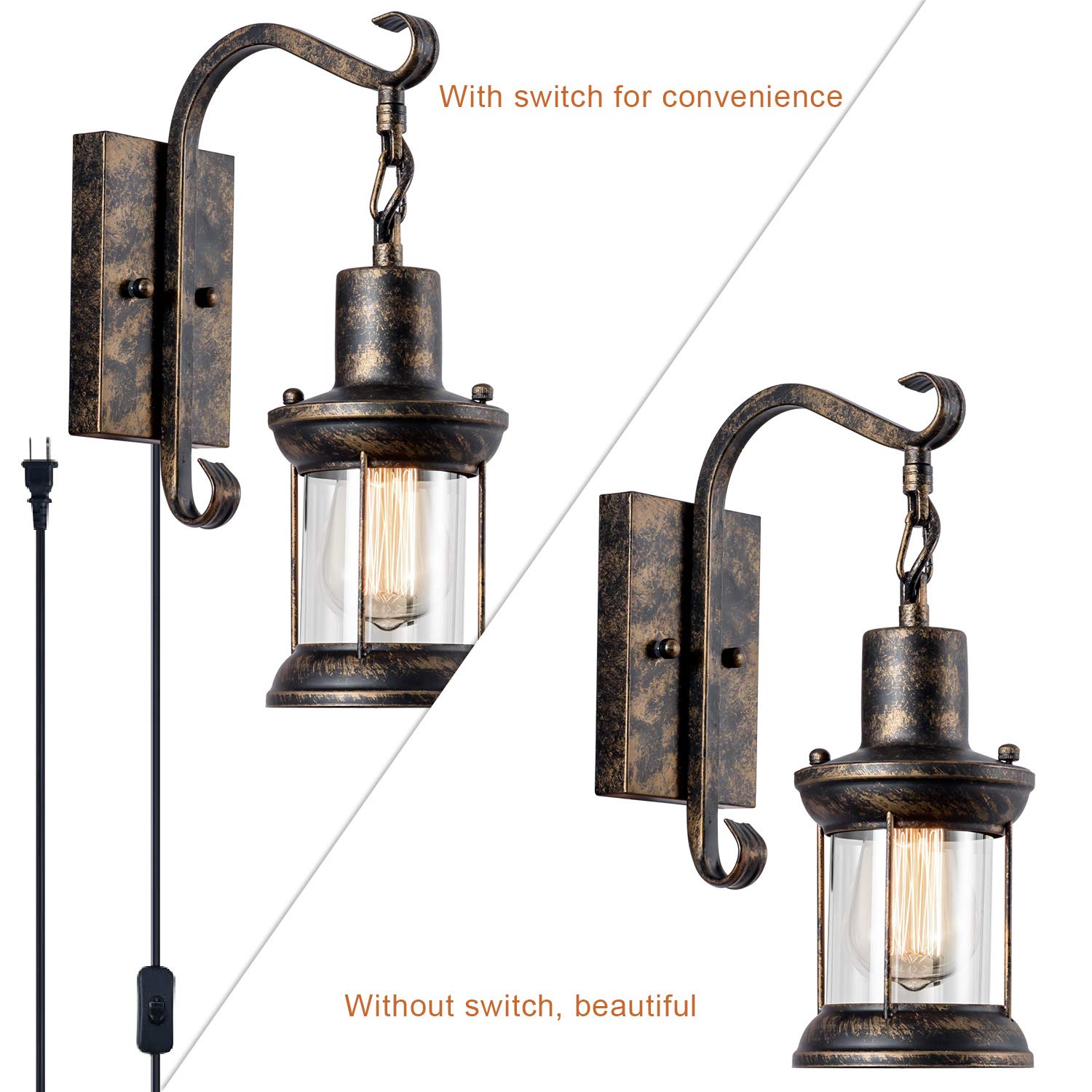 Gladfresit Vintage Wall Sconces Oil Rubbed Plug In, Industrial Wall Lights Rustic 2 In 1 Design, Glass Shade Lighting Fixture Wi