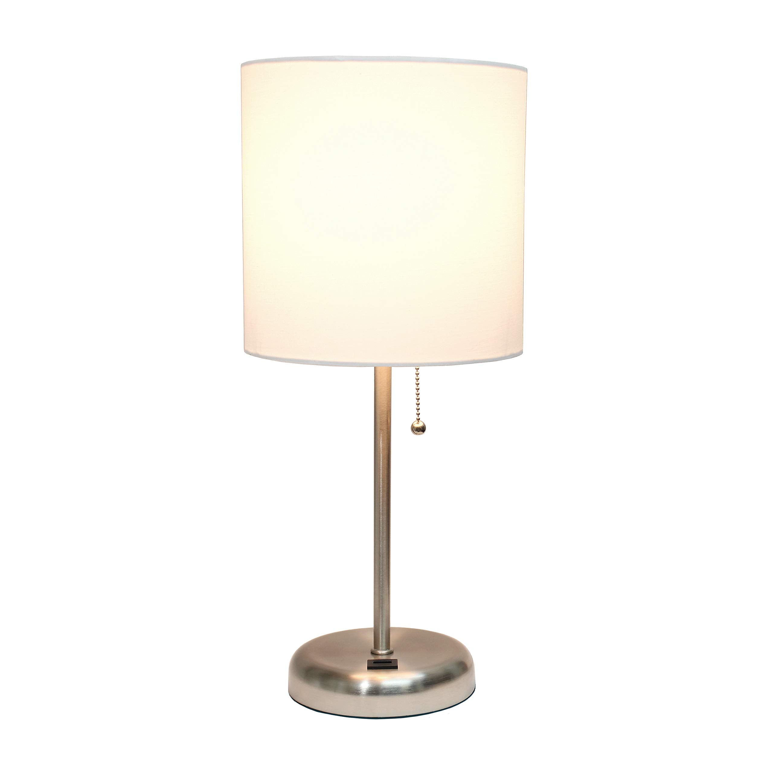 Simple Designs Lt2044-Wht Brushed Steel Stick Table Desk Lamp With Usb Charging Port And Drum Fabric Shade, White Shade