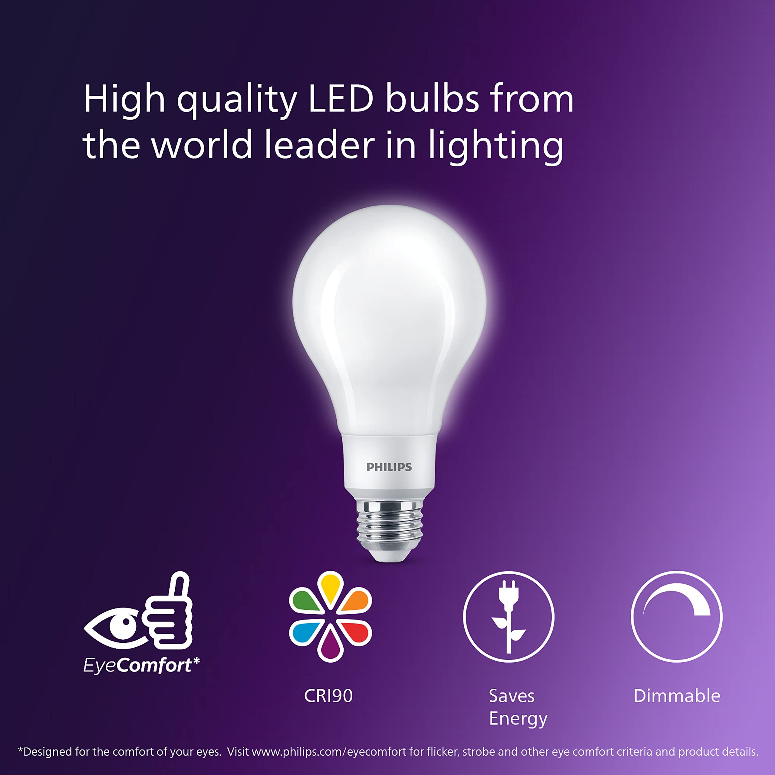 PHILIPS LED 60W A19 4-Pack WhiteDial Mult-CCT (5000K) 800 Lumen (7W = 60W) Dimmable Frosted Flicker-Free Light Bulbs