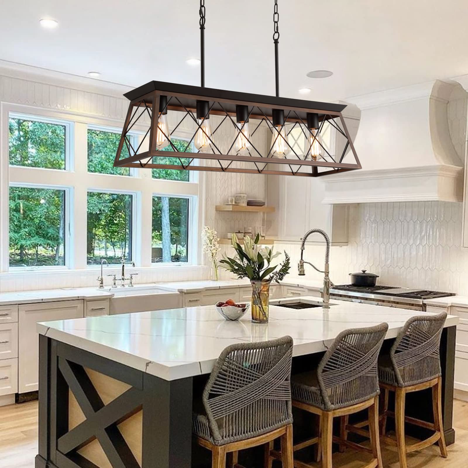 Q&S Farmhouse Rustic Chandelier - 5 Lights Linear Pendant Light Fixture, Bronze, Metal, Model P2006-5BR for Dining Room, Kitchen, Living Room