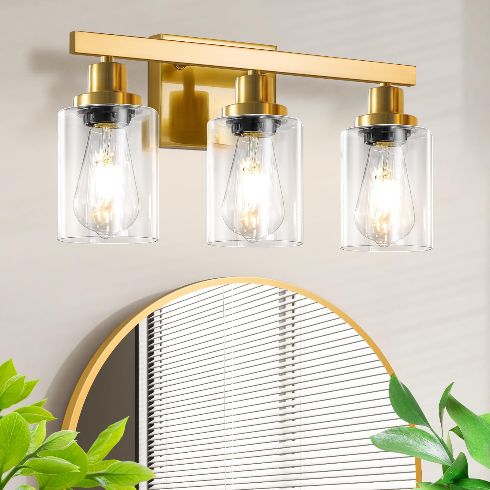 Dikaida 3 Light Gold Bathroom Light Fixtures, Bathroom Vanity Light Over Mirror, Gold Wall Sconce Vanity Lighting With Clear Gla