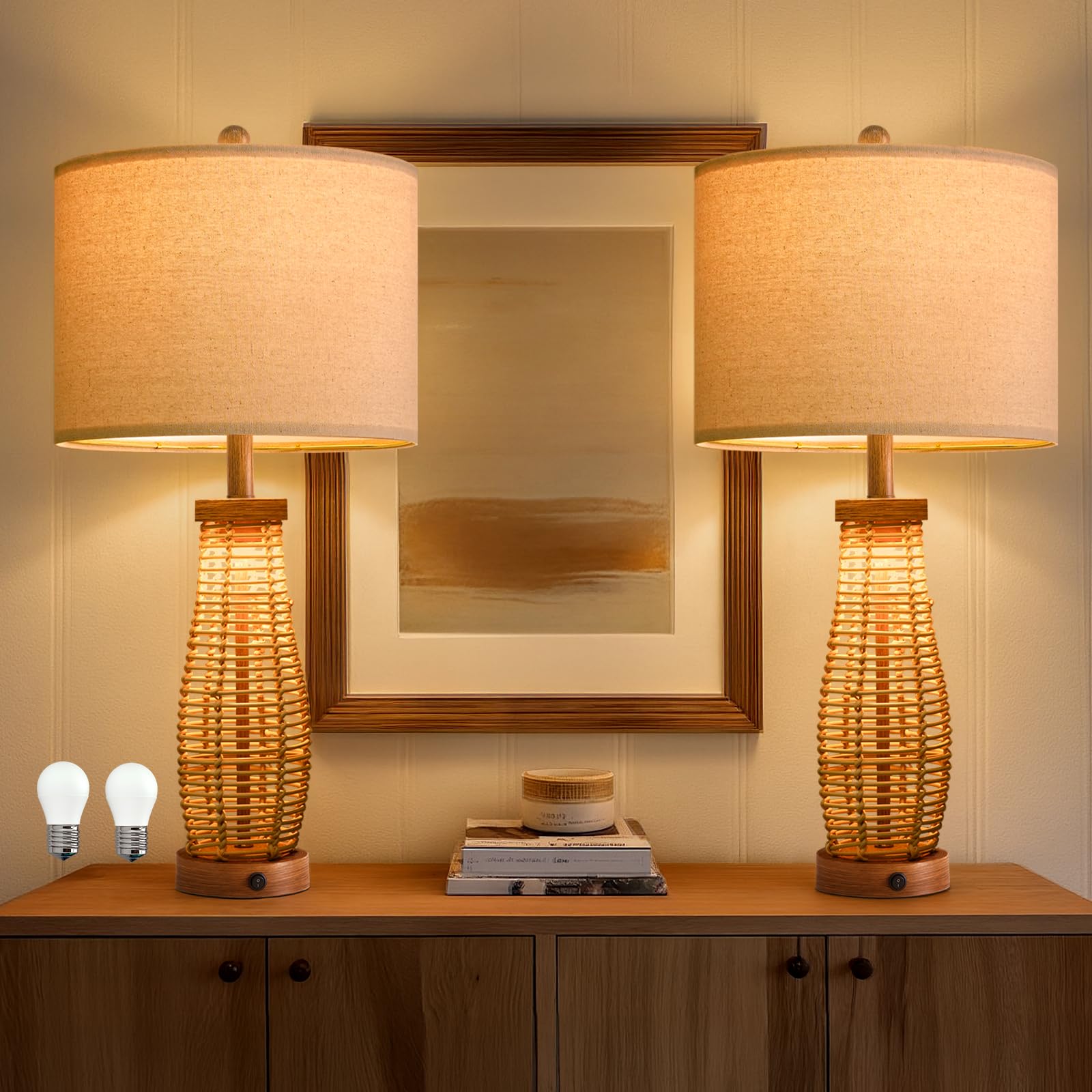OYEARS 28 Table Lamps Set of 2 with Dual Night Lights  Bedside Lamps for Bedroom  Boho Lamp for Living Room  Rattan Table Lamp with Linen Shade  Farmhouse Lamp with Wood Grain Finish (Bulb Included)