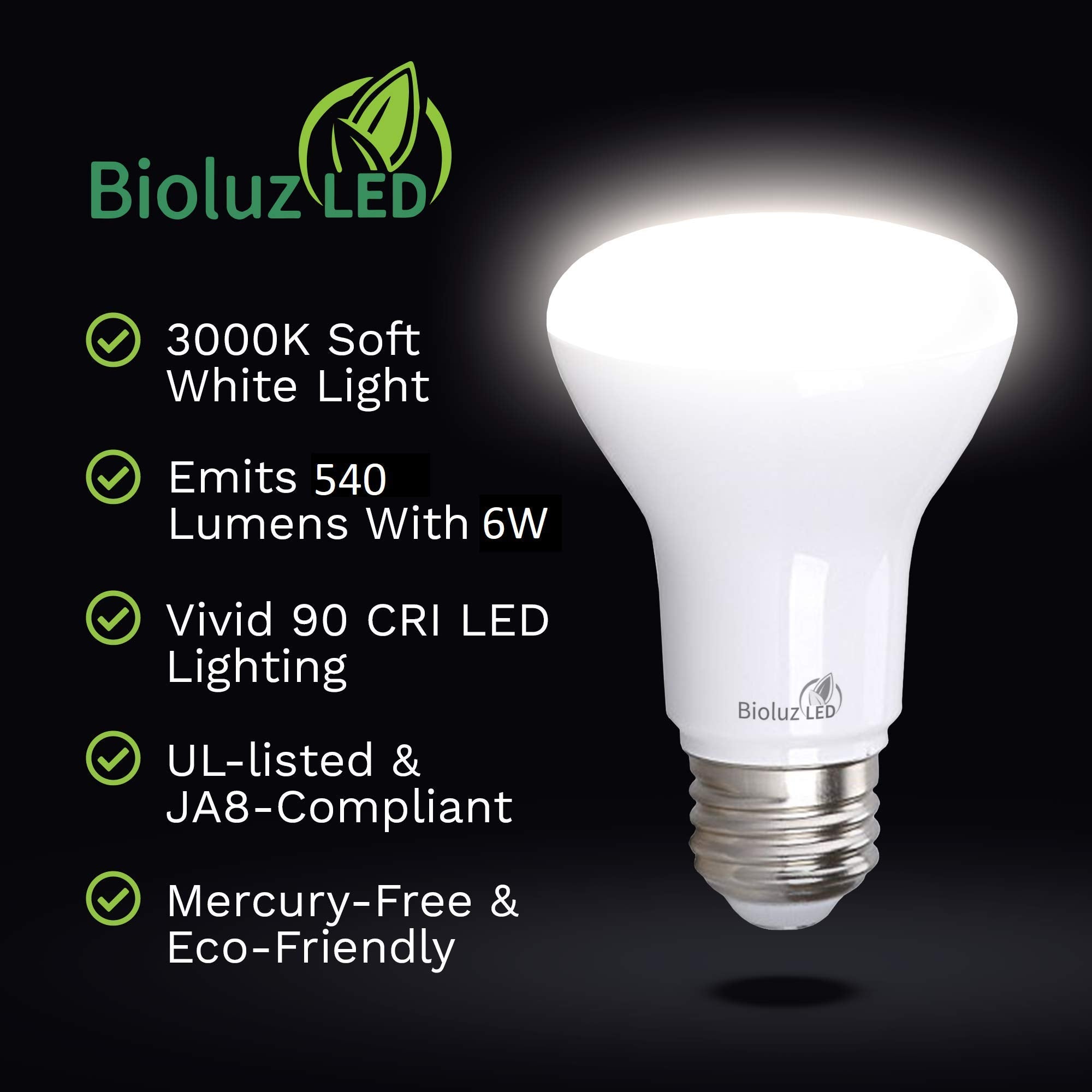Bioluz LED BR20 Light Bulbs 10-Pack, 6W = 50W, 3000K Soft White, Dimmable, 540 Lumens, UL-Listed,