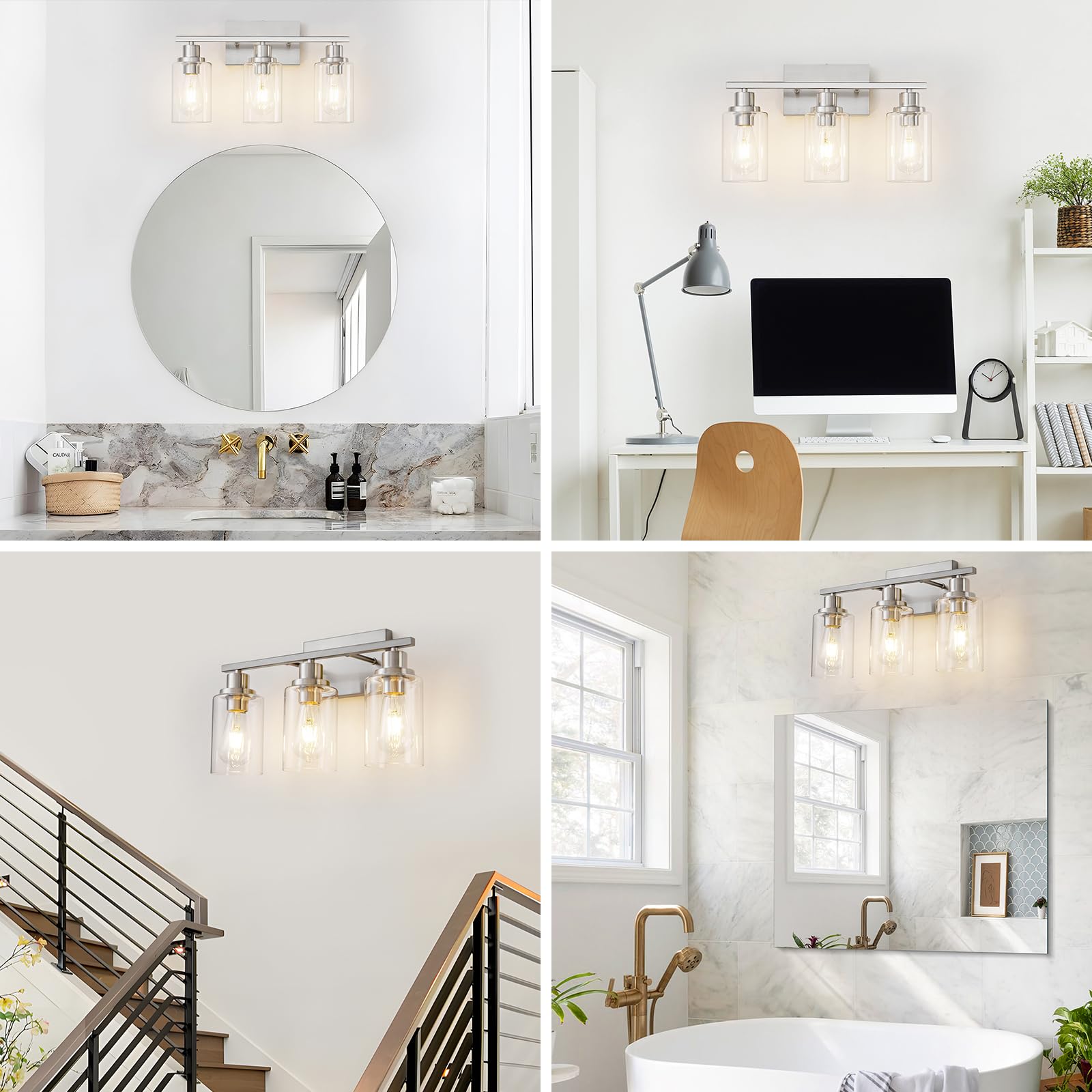 HCCZ 3 Light Bathroom Light Fixtures Brushed Nickel Vanity Light Over Mirror Modern Farmhouse Glass Shade Sconces Model 800-100-1076