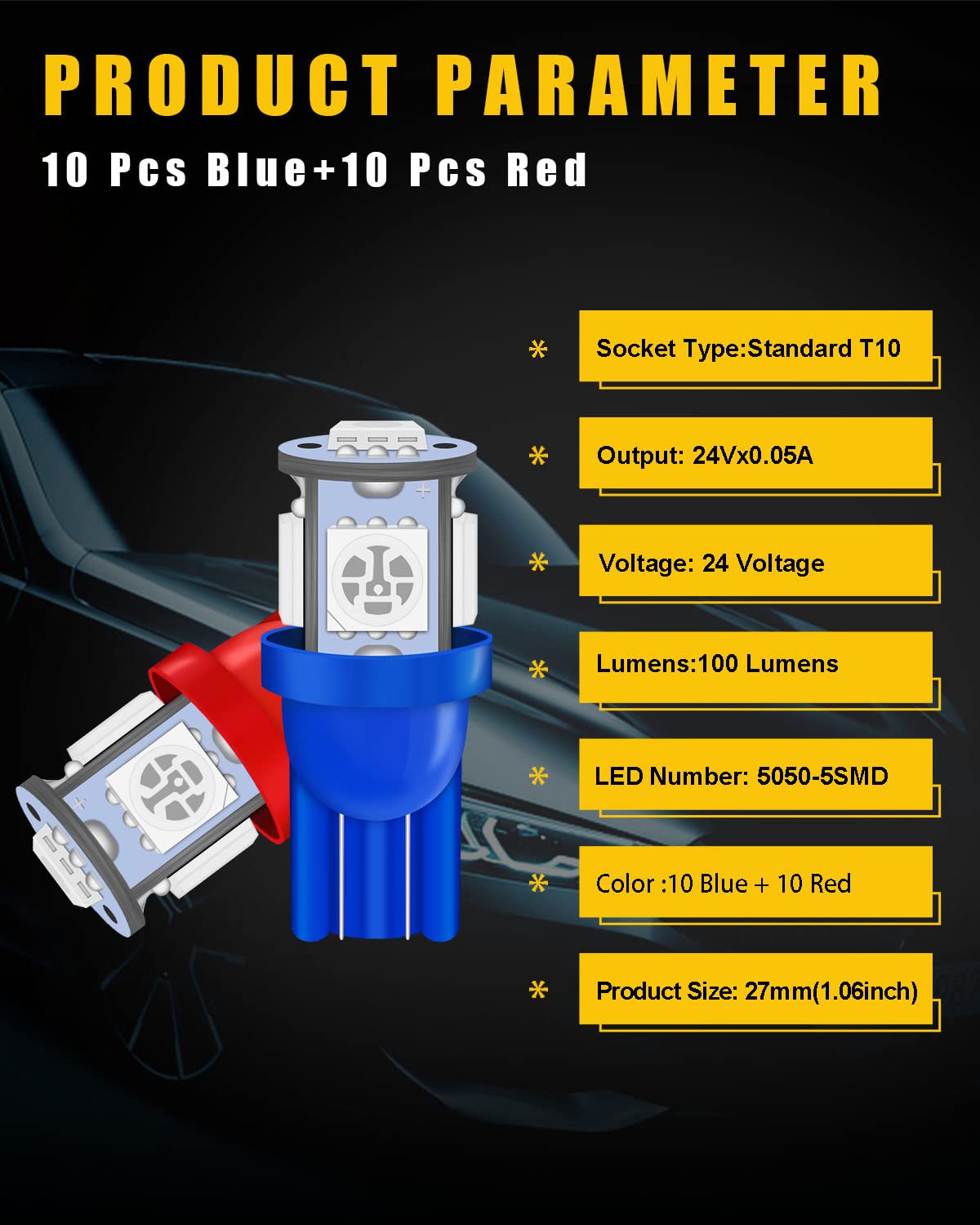 EverBright 20-Pack 194 Led Bulb Amber, T10 194 168 2825 W5W 5 SMD 5050 LED Bulb for Car Interior Lights Wedge License Plate Ligh