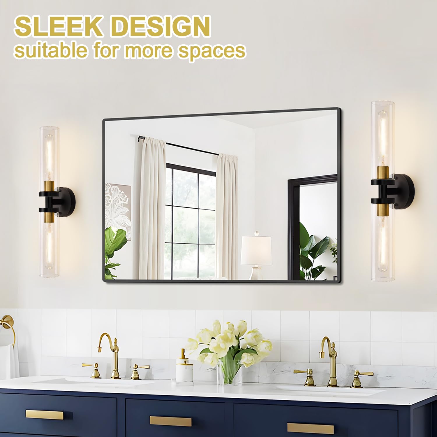 Indoi Wall Sconces Set of 2, Black and Gold Metal Lighting with Clear Glass for Bathroom, Living Room, Hallway, Bedroom - Model YX-050