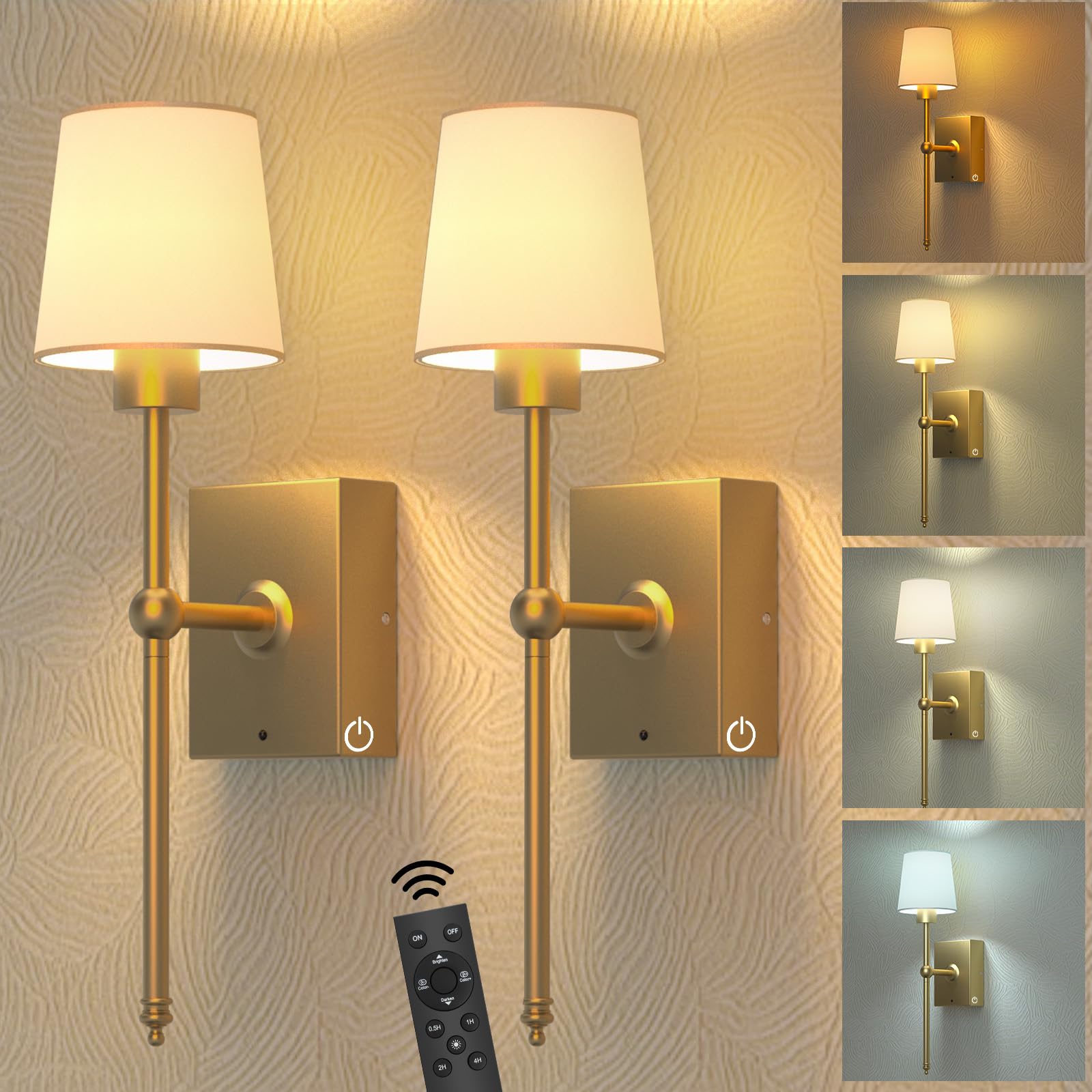 iThird Battery Operated Wall Sconces Set of 2, Gold Metal & Fabric, Touch Control, 17 Inch, Wireless Cordless Wall Lamps