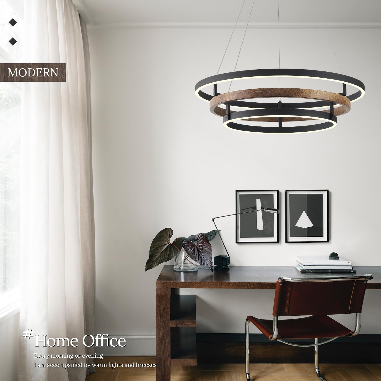 CaraLuxe LED 3-Ring Chandelier Light Fixture, Dimmable, 24in, Walnut Wood Black, Model 1004B for Dining Room, Bedroom, Living Room