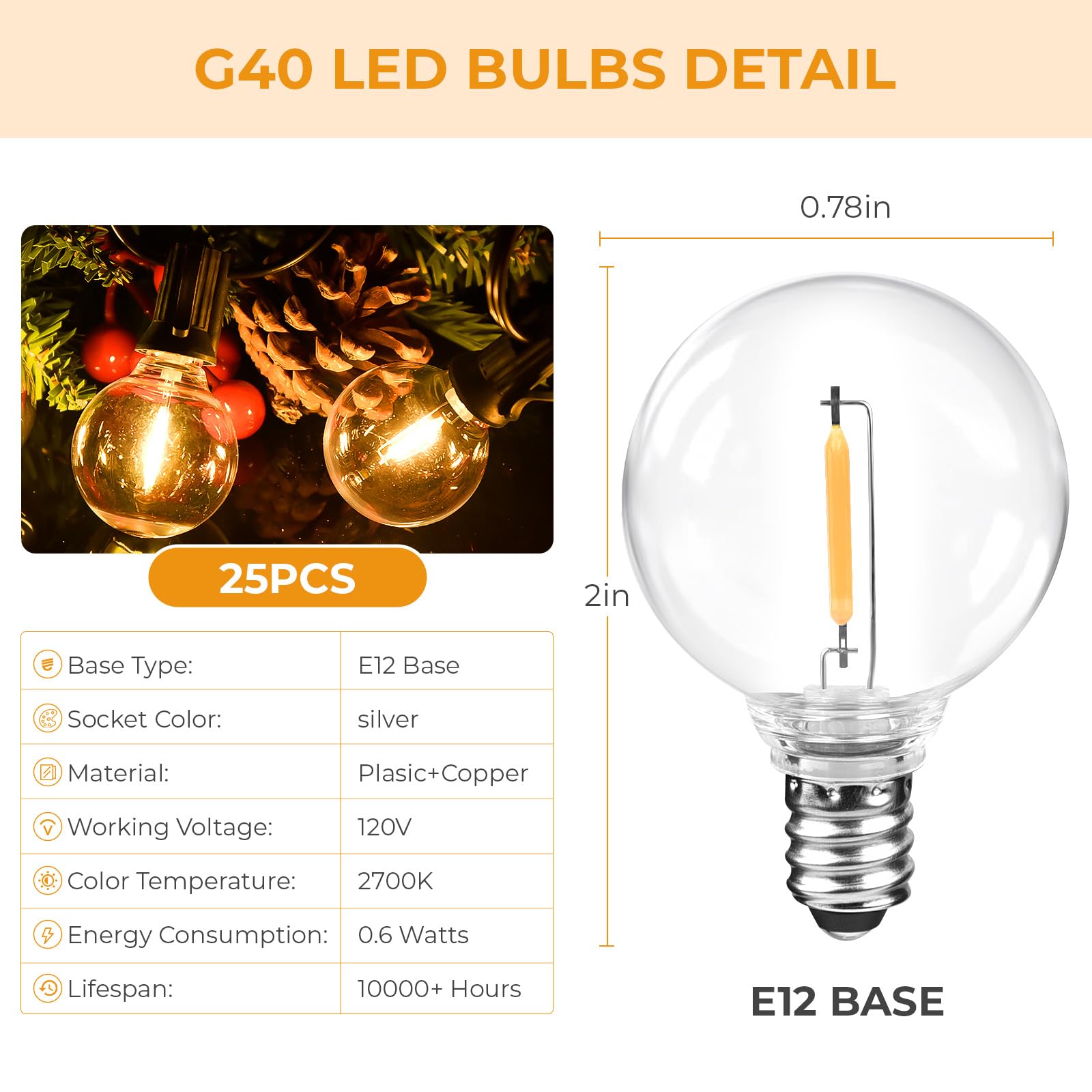 Huazhqing 25 Pack G40 Replacement Led Light Bulbs 0.6W Shatterproof Globe Bulb Fits E12 Candelabra Screw Base Dimmable Light Bul