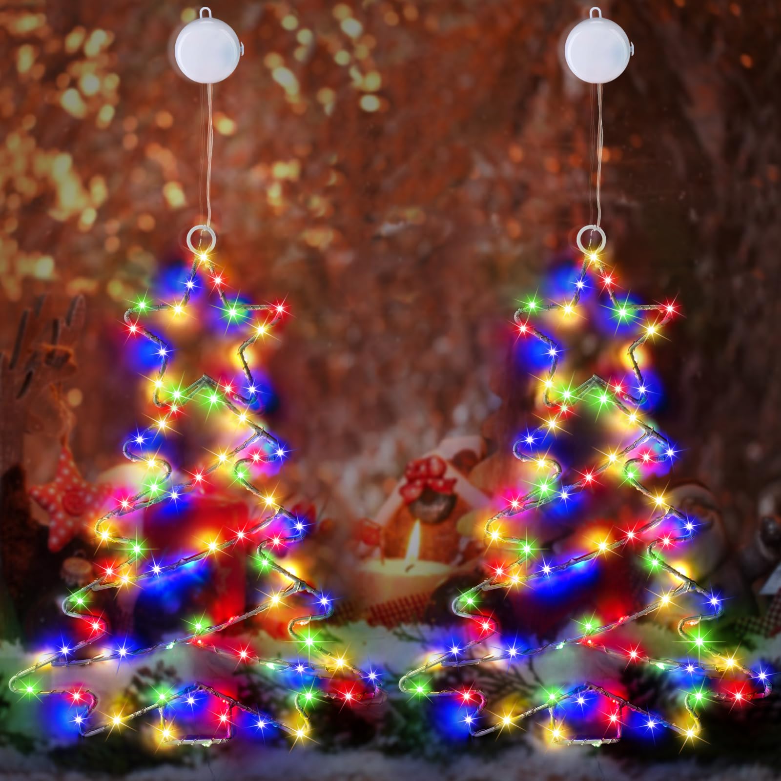 MUYUN Christmas Window Lights Decorations Iron Frame Christmas Tree Lights with Suction Cup,Timer,Battery Operated Window Silhouette Lights for Home Wall Door Indoor Outdoor Decor(2PCS)