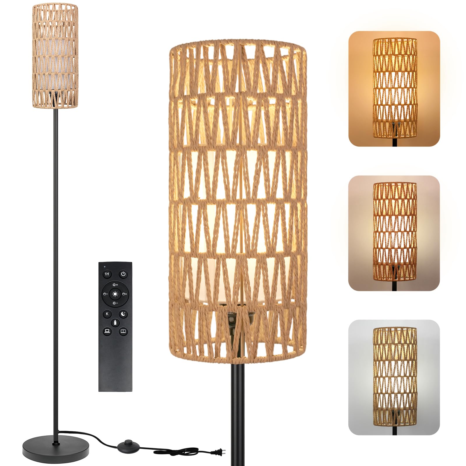 Ruiever Floor Lamp - Modern Rattan Standing Lamp with Dimmer LED Bulb, Mini Size, Black, Remote Control, Model FL-NATURAL SHADE