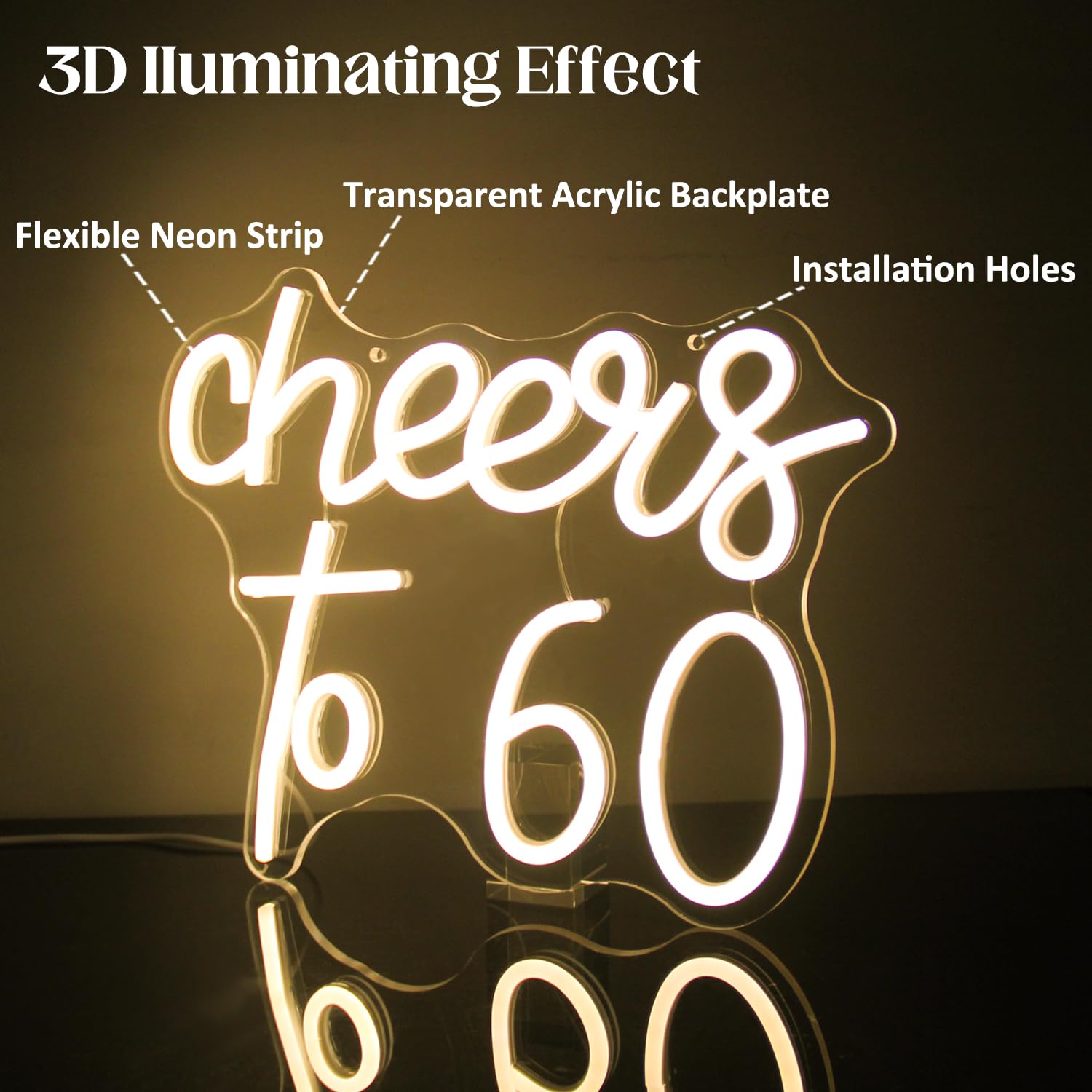 CKTBLEY Cheers to 60 Neon Sign - LED Wall Decor - Warm White - Acrylic - Model CC-Cheers 60 - 60th Birthday Party Decor