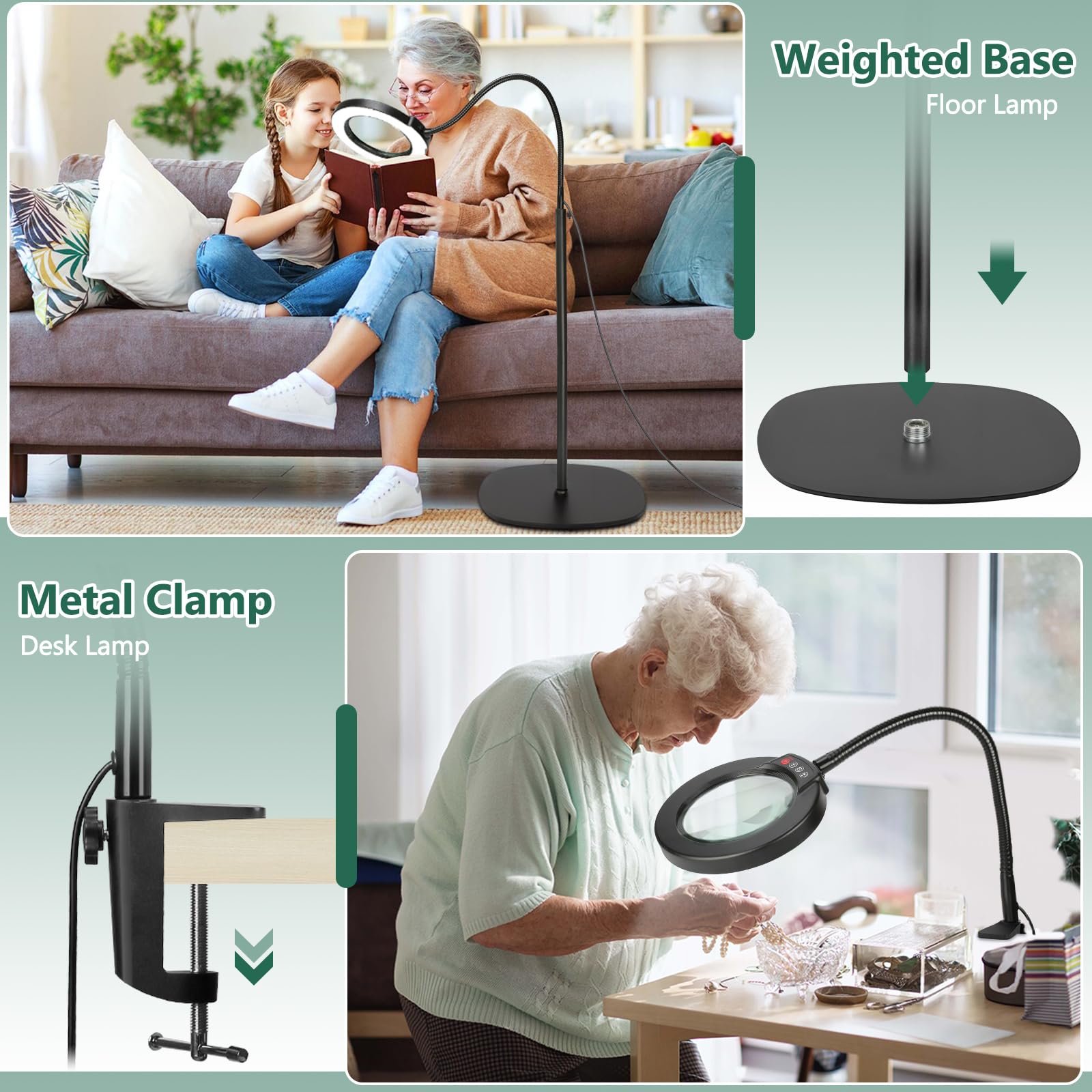 Seylae 10X Magnifying Glass with Light, 24in Gooseneck LED Floor Lamp, Optical Glass Lens, Black, Model BLFG609E01ES