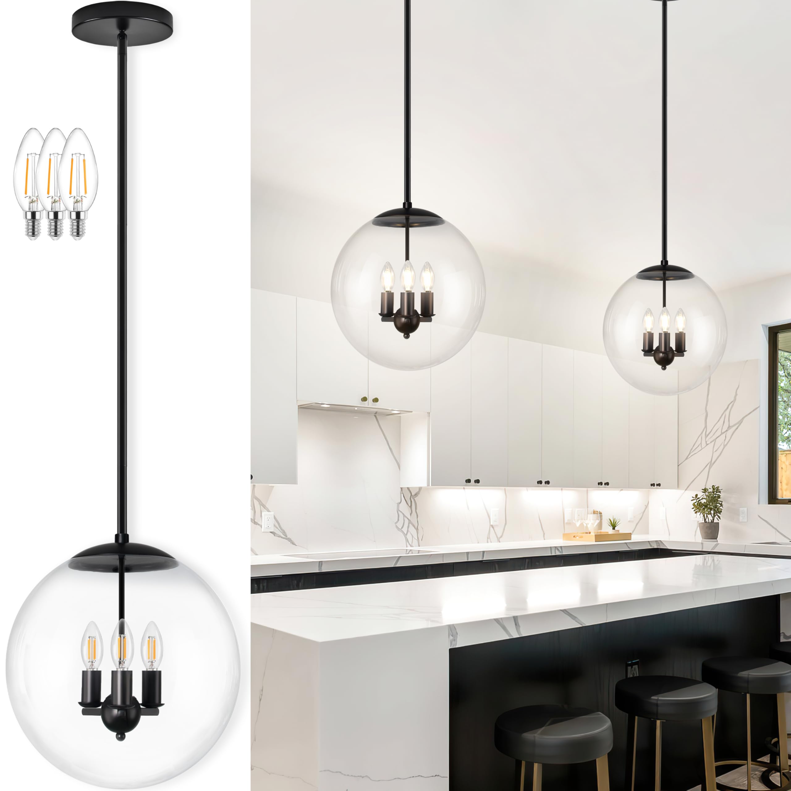 Bagood 14 Globe Pendant Light 3-Light Black Mid Century Pendant Light Clear Glass Lights Kitchen Island Mid Century Adjustable H