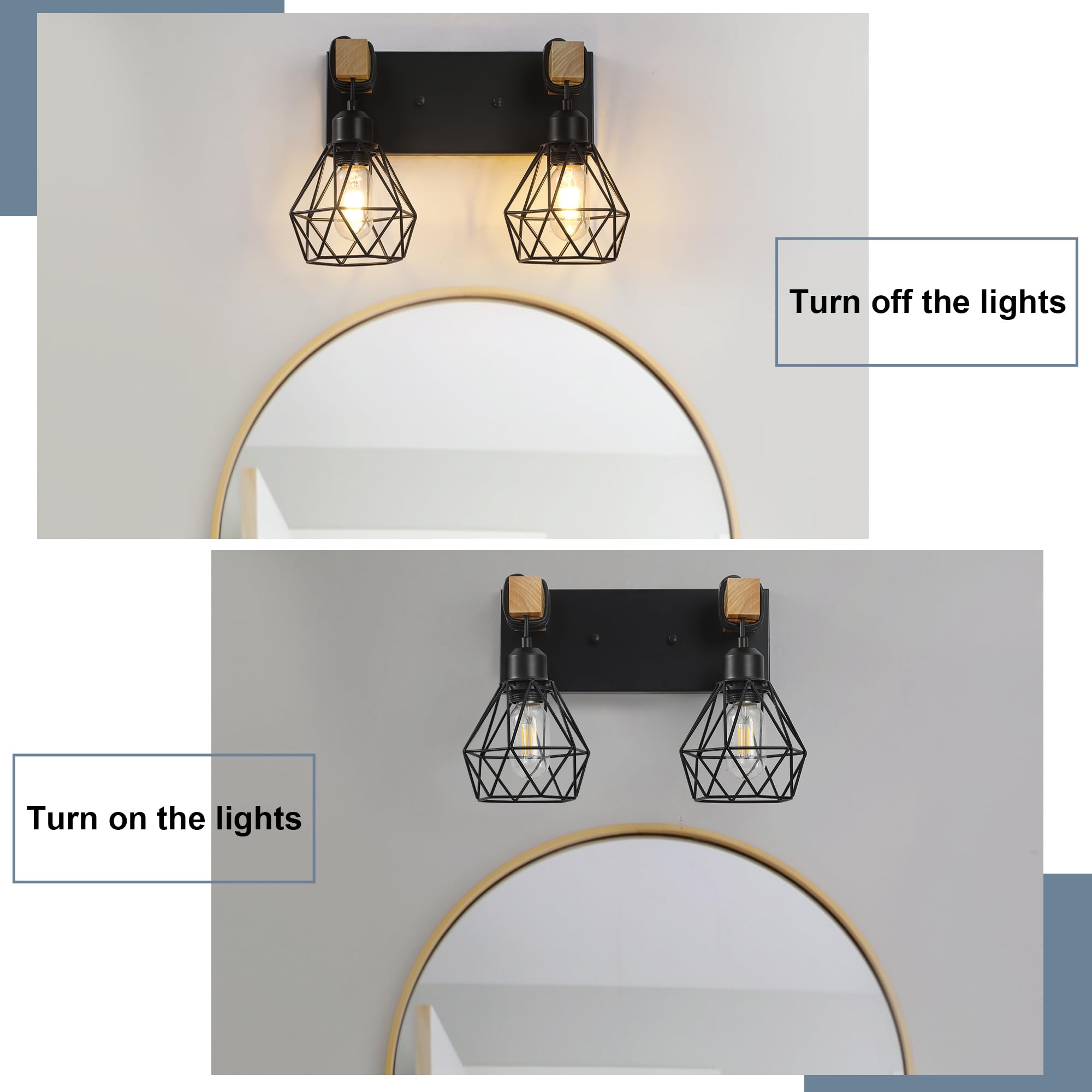VbiTmn Farmhouse Vanity Light, 2-Light Metal Sconces, Rustic Black, Model VB021-2
