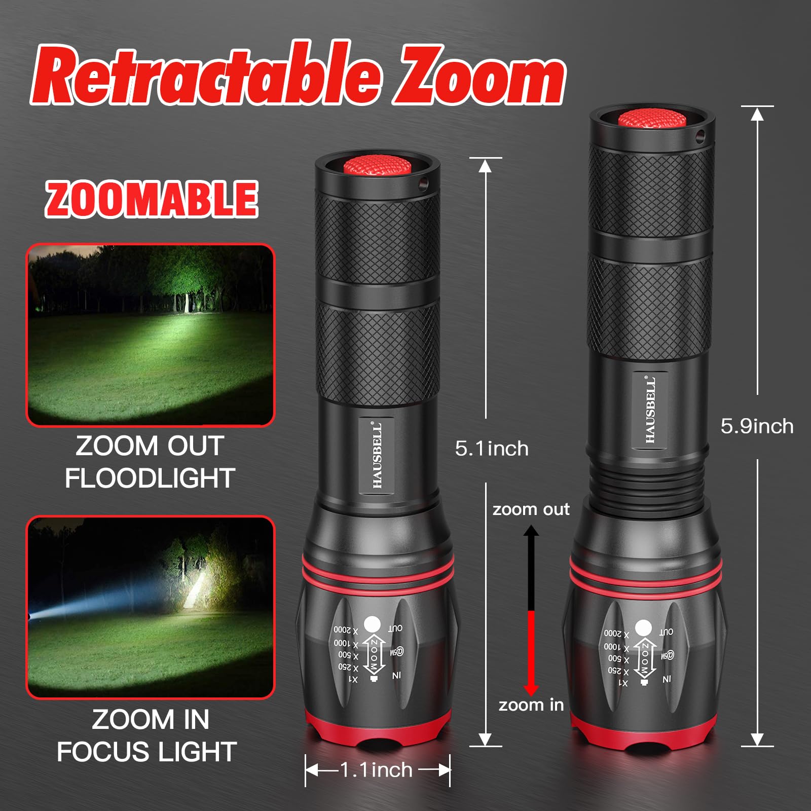 Hausbell Led A100 Flashlight Bright, Zoomable Tactical Flashlights Flash Light With High Lumens And 5 Modes For Emergency And Ou
