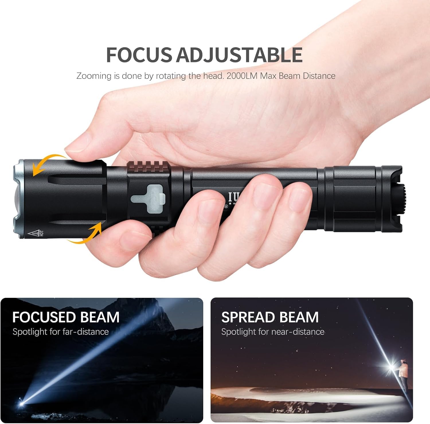 Feyachi FL26 Tactical Flashlight, 2000 Lumen, USB-C Rechargeable, Adjustable Focus, IPX7 Waterproof, Black