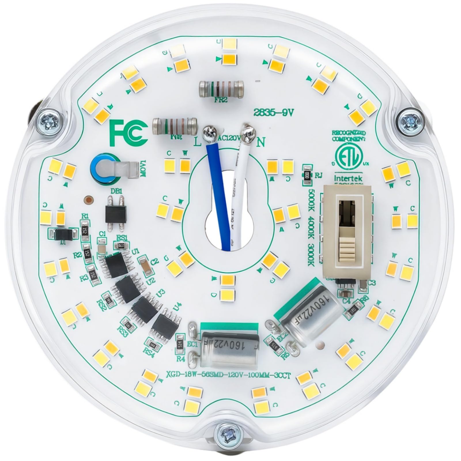 Ledytech LED Ceiling Fan Light Retrofit Kit  4 Inch  Ceiling Light Replacement kit Panel PCB Engine  18W  3CCT 3000K-4000k-5000K Shift by Toggle Switch 120V  ETL  2200LM  CRI90  Dimmable