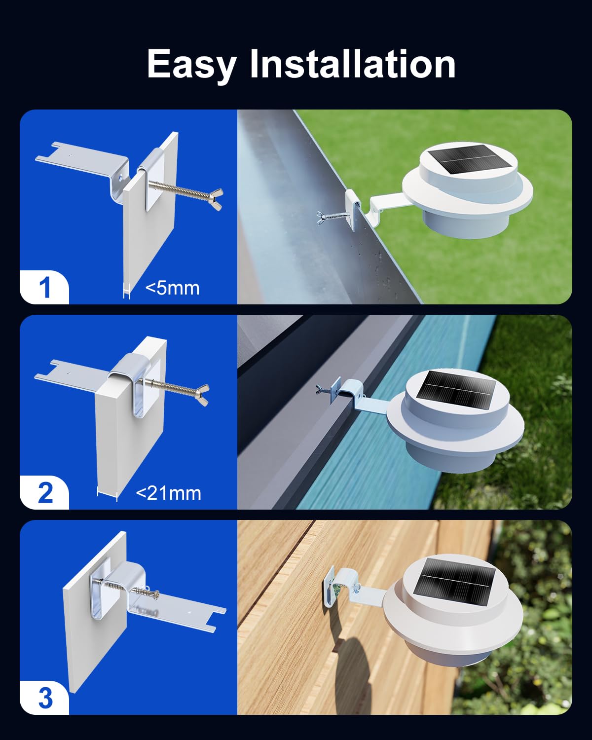 FALOVE 8 Pack Solar Powered Gutter Mount Lights, Waterproof LED Fence Lamp, Warm White, Easy Installation, Model FA0415W-8