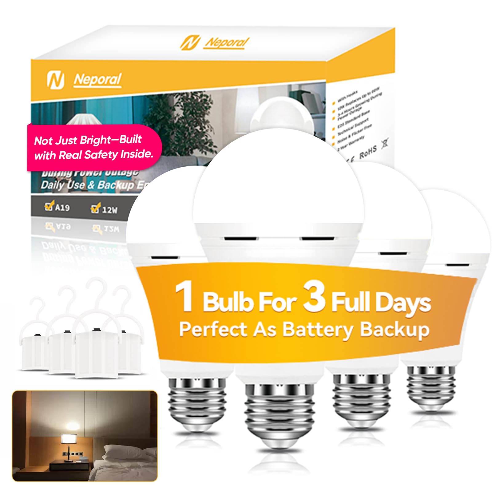 Neporal Lite Pro Rechargeable Light Bulbs, 2600Mah Large Battery Backup Light Bulbs, Socket Rechargeable Emergency Lights For Ho