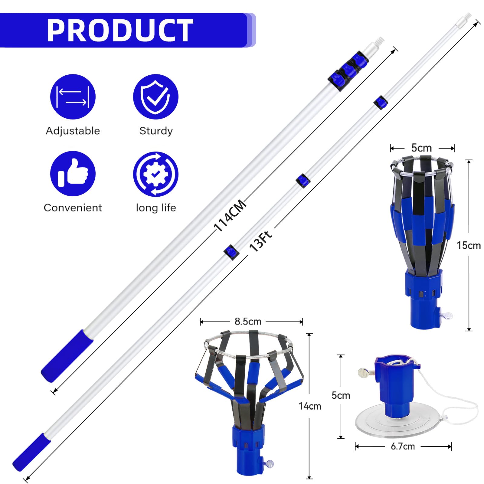 13Ft Extension Pole Light Bulb Changer With Baskets And Suction Cup - Ideal For High Ceilings And Recessed Lights - Household An