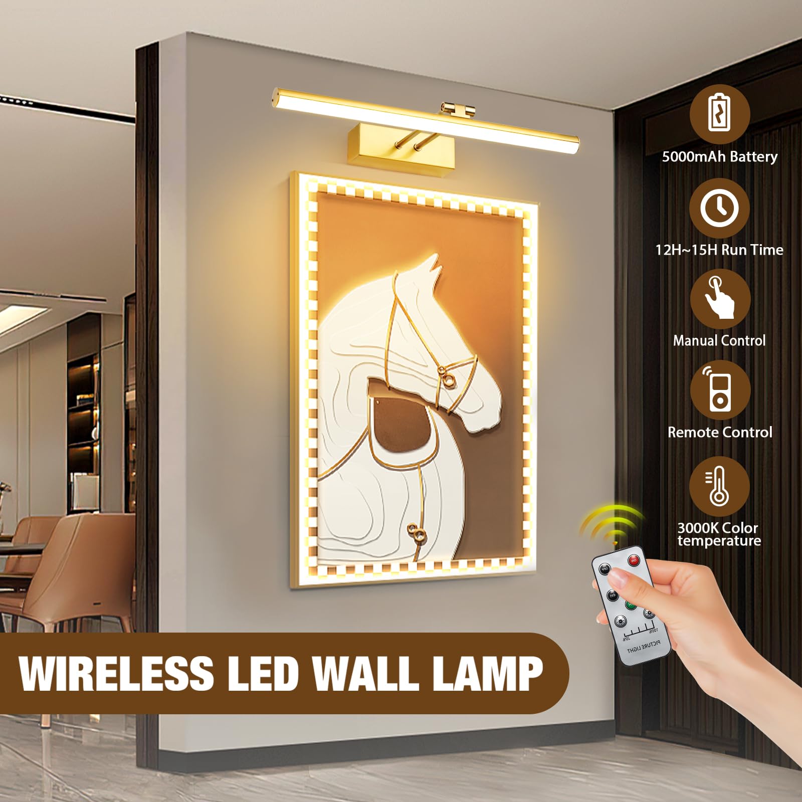HOWMZON Battery Picture Light with Remote, Dimmable 20" Copper Art Lamp for Paintings and Portraits, Model HW202201BRL
