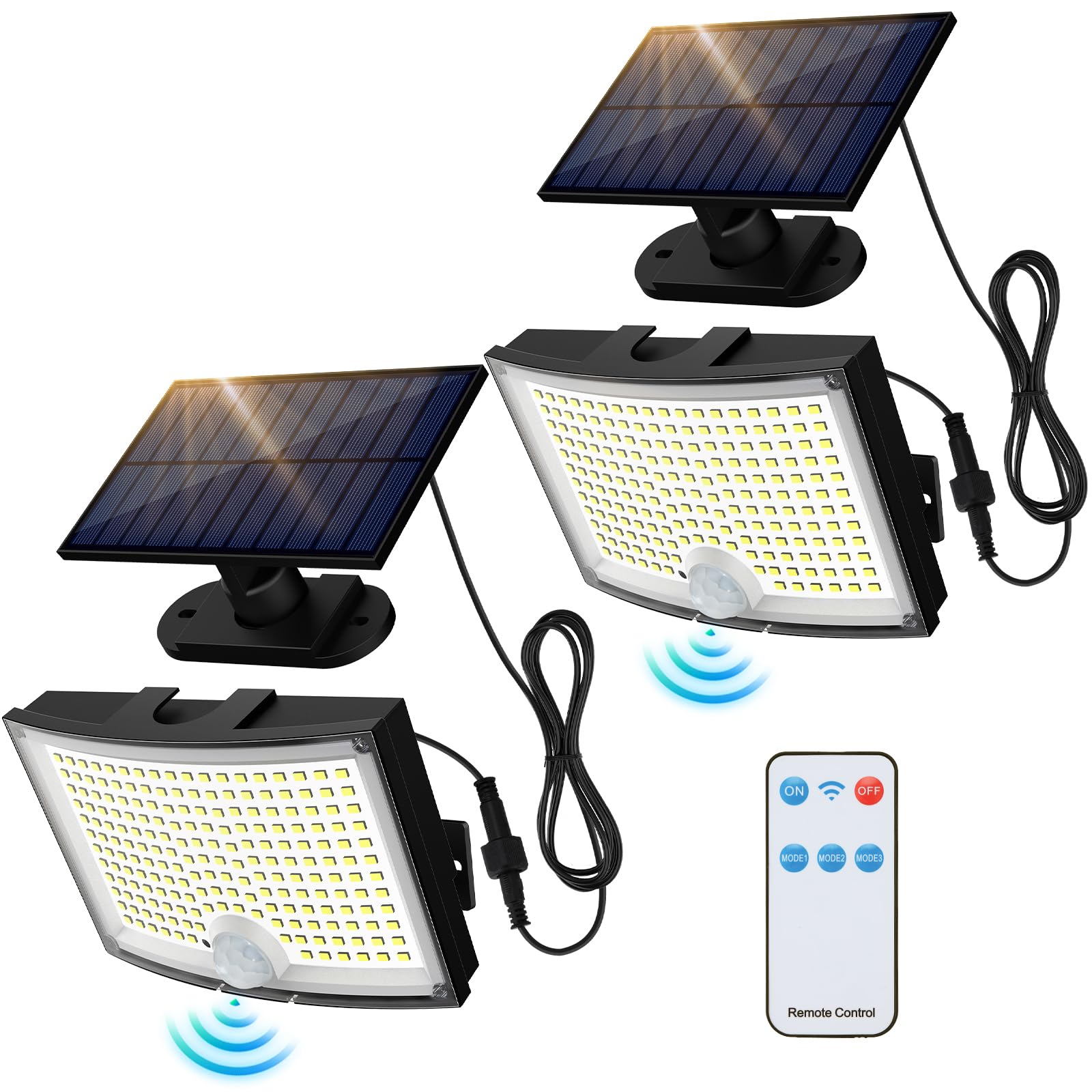 Adiding Solar Outdoor Lights, 202 LEDs Flood Lights, Remote Control, 3 Modes, 2 Pack, Black, Model TBD-56