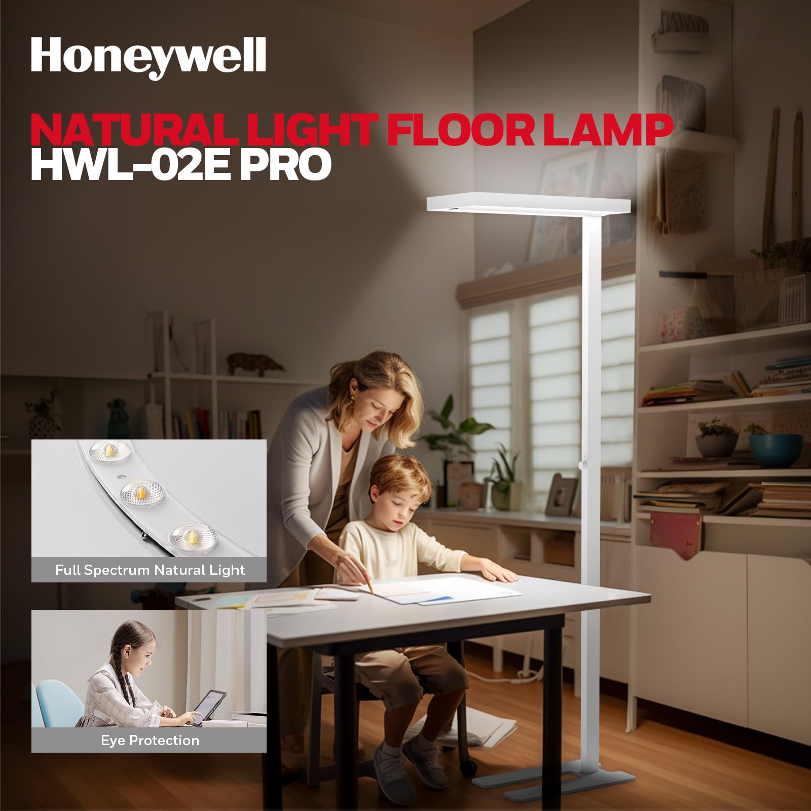 Honeywell Modern LED Floor Lamp - Dimmable 100W Eye-Caring Light for Home Office, 4000K Natural Daylight, 172ft² Lighting Range, White