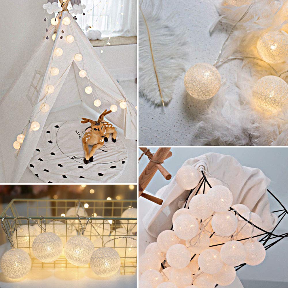 Anordsem Cotton Lights - White Battery Operated Ball String Light For Bedroom Decor, 2 Pack
