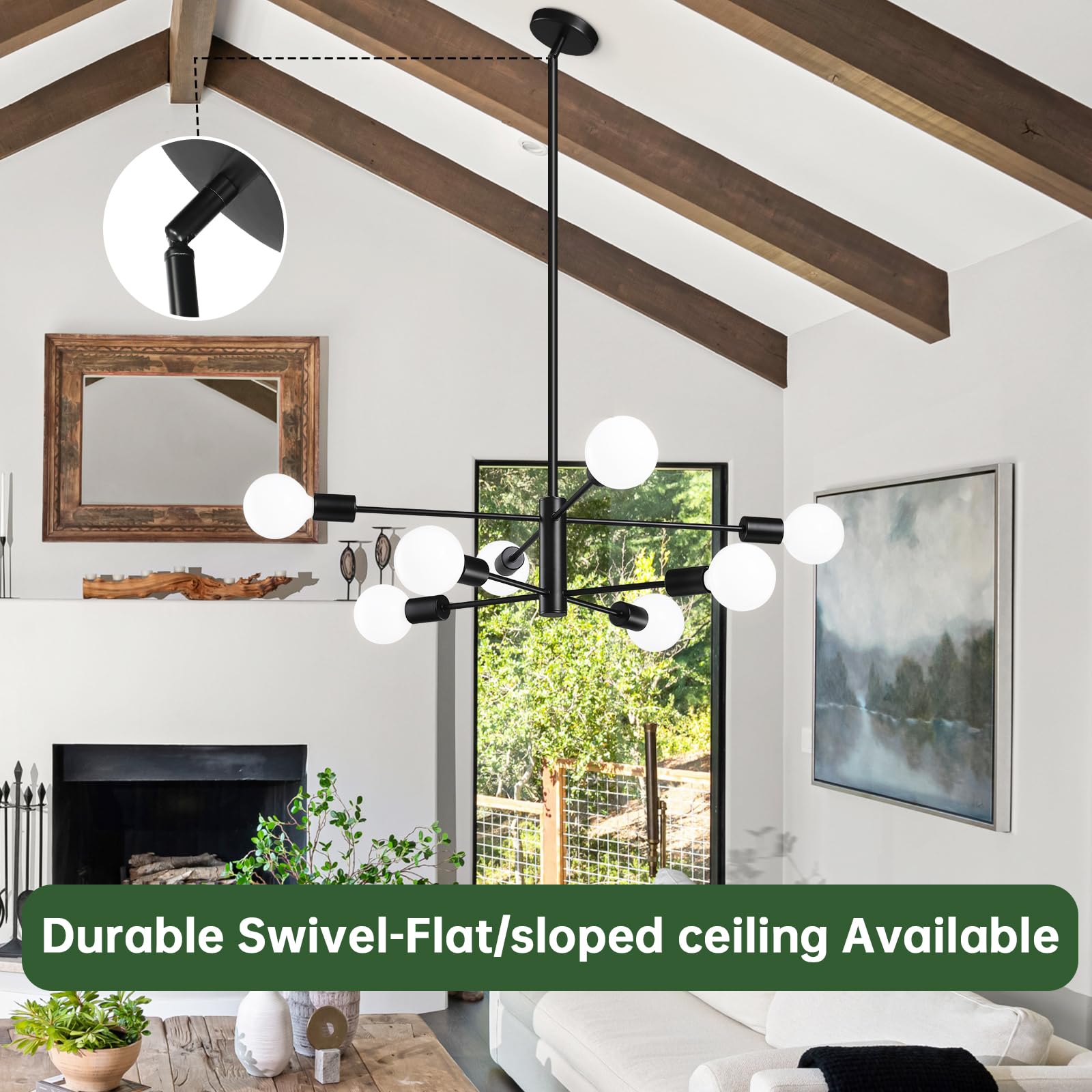 Ruiyey Modern Sputnik Chandeliers Light, 8-Light Black Chandeliers For Dining Room, Height Adjustable Ceiling Lights Farmhouse C