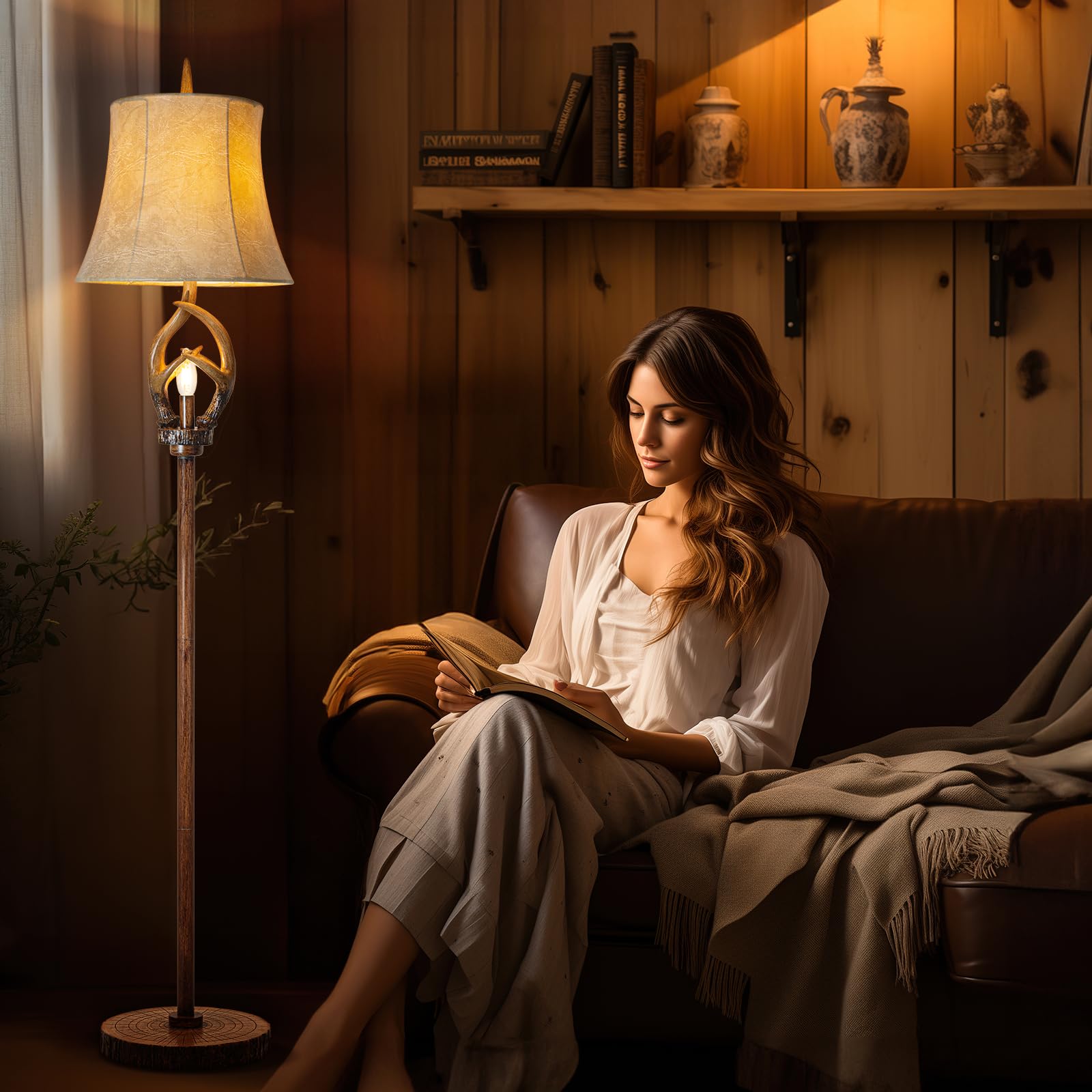 Rustic Farmhouse Antlers Floor Lamp With Night Light Faux Leather Bell Shade Brown Finish Tall Industrial Tall Standing Lamp Decor For Living Room Bedroom Hotel Office (Bulb Included)