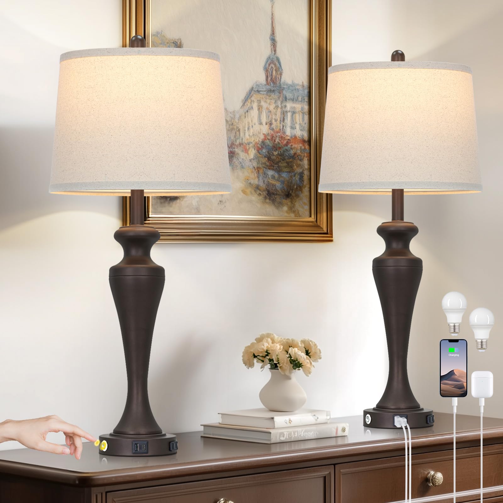 luxeflow 30 Brown Table Lamps Set of 2  3-Way Touch Control Bedside Lamp with USB A+C Ports and AC Outlet  Tall Living Room Lamps for End Table  Elegant Coffee Bedroom Lamp for Night Stand