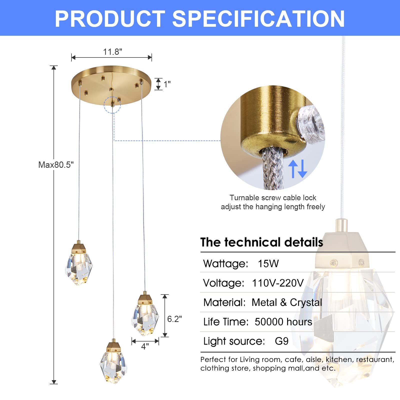 3 Lights Crystal Pendant Light Modern Cluster Chandelier - Dimmable Led Pendant Light Fixture With Brass Teardrop Design - Styli