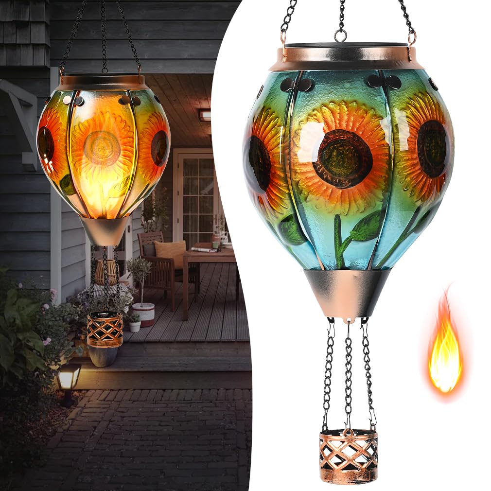 Hot Air Balloon Solar Lantern - Sunflower Glass Lantern  Simulated Flickering & Dancing Flame  Outdoor Hanging Yard Light Waterproof Ip65 For Patio Lawn Porch Decor Gift