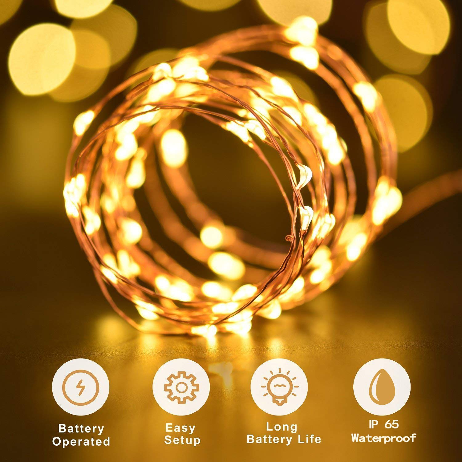ANJAYLIA Fairy Lights 100 LED Battery Operated Waterproof String Lights 33ft 2 Pack Warm White Model AN-002