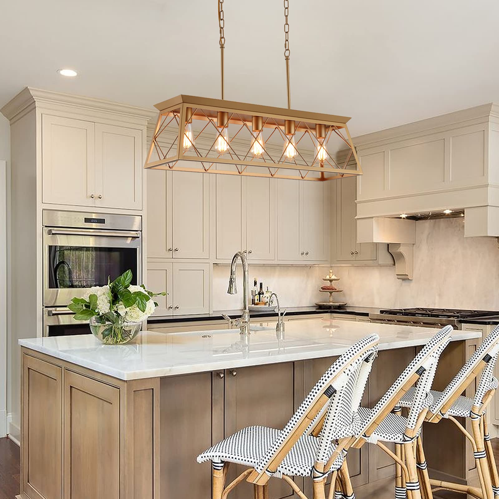 Q&S 5-Light Modern Farmhouse Chandelier - Gold Metal Linear Light Fixture for Kitchen Island & Dining Table, Model P2006-5GD