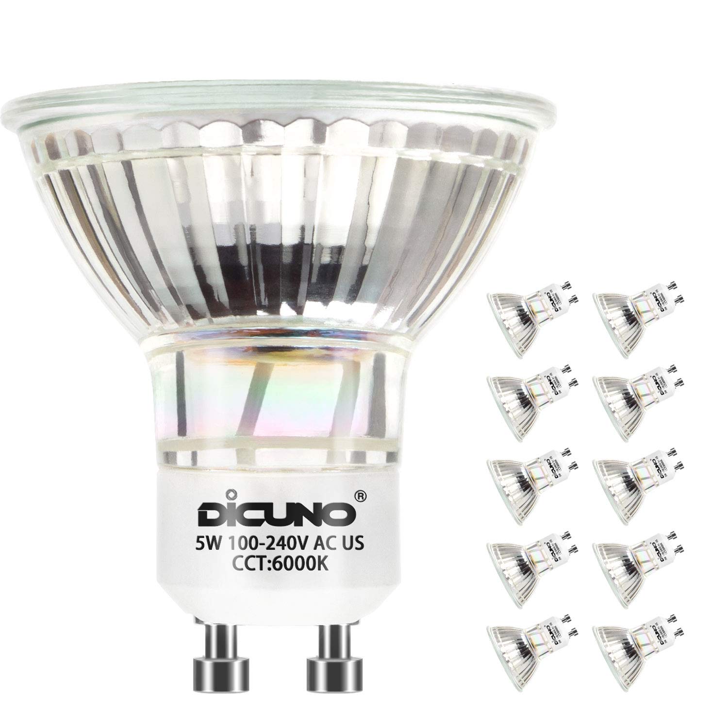 Dicuno Gu10 Led Bulbs 5W Daylight White 6000K, 500Lm, 120° Beam Angle, 10-Pack
