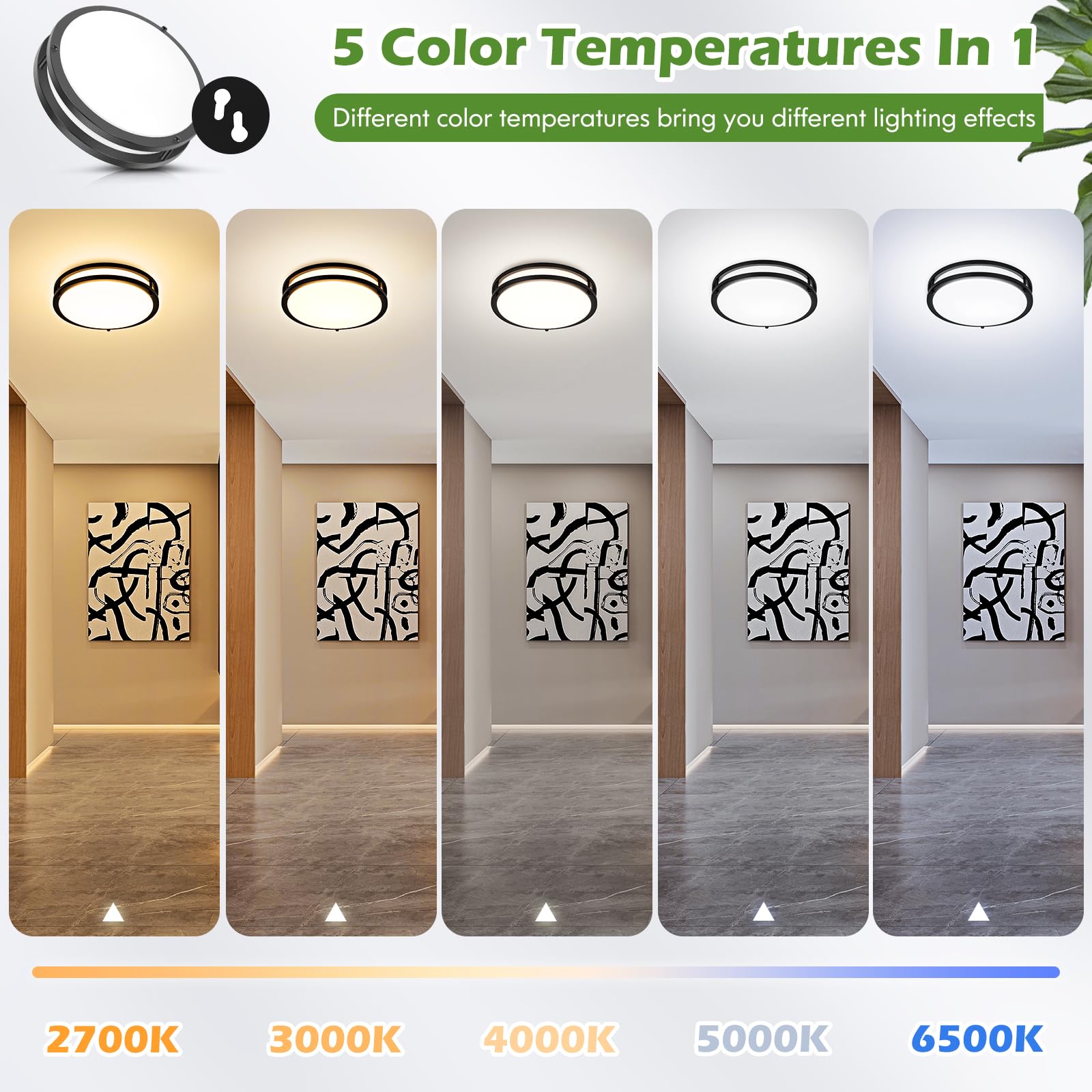 4-Pack 36W Led Flush Mount Lights, 3200Lm Black Ceiling Fixtures, 5 Color In One (2700K/3000K/4000K/5000K/6500K), 12'' Modern Ro