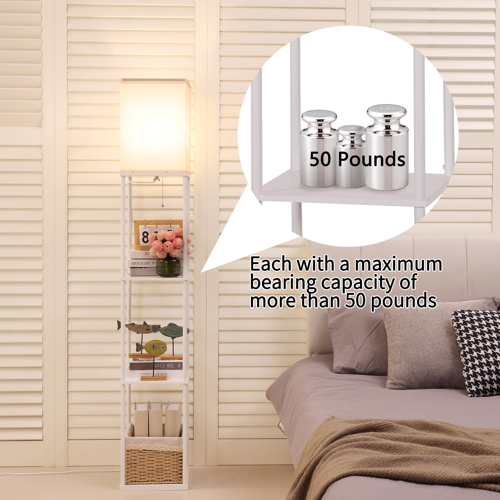 Gupuzm Floor Lamp with Shelves, Modern Wood Design, 3 Color Temperatures, Model PFL-007, White