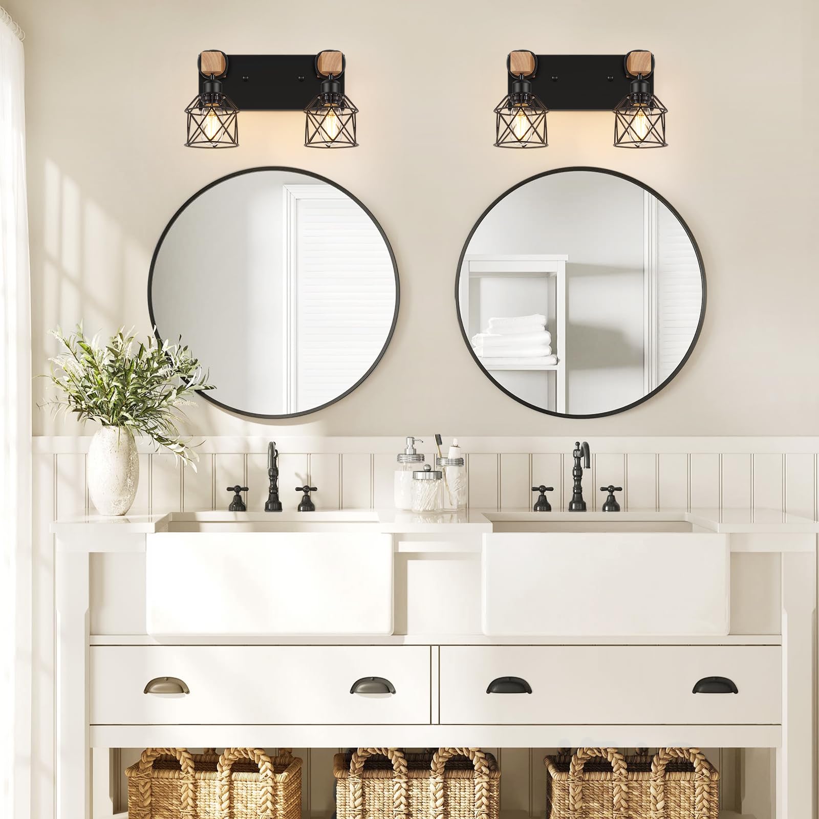 FadimiKoo 2-Light Farmhouse Vanity Light, Black Rustic Wood & Metal Sconces for Bathroom, Living Room, Bedroom, Hallway